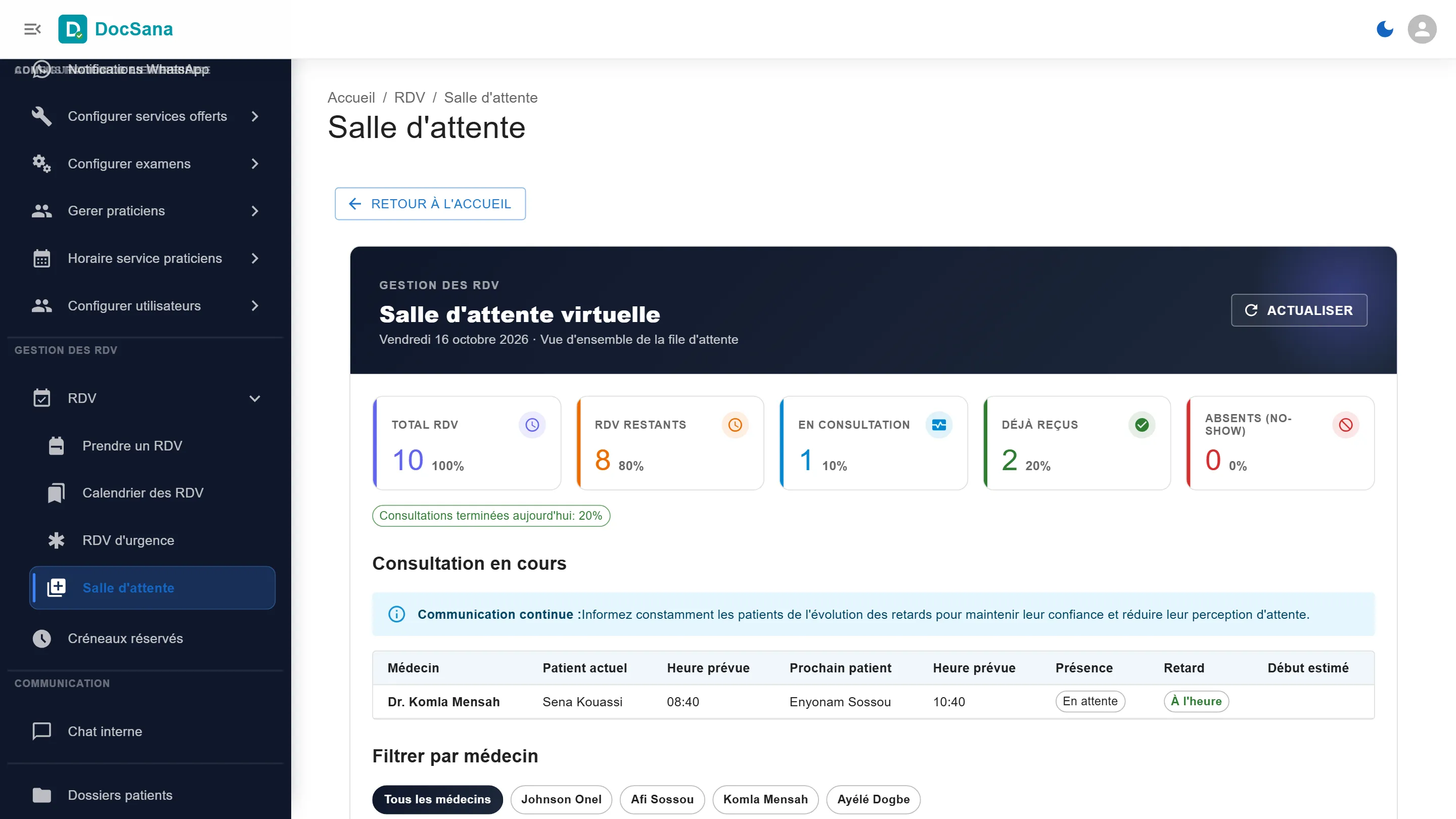 Page Salle d’attente, ouverte depuis le menu RDV : les chiffres du jour (Total RDV 10, RDV restants 8, En consultation 1, Déjà reçus 2, Absents (No-show) 0), puis le tableau Consultation en cours et le filtre par médecin