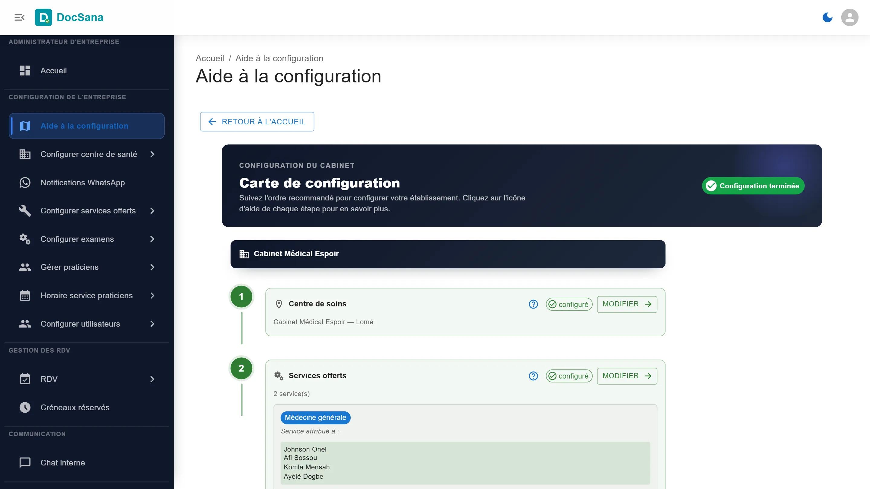 La page Aide à la configuration de DocSana
