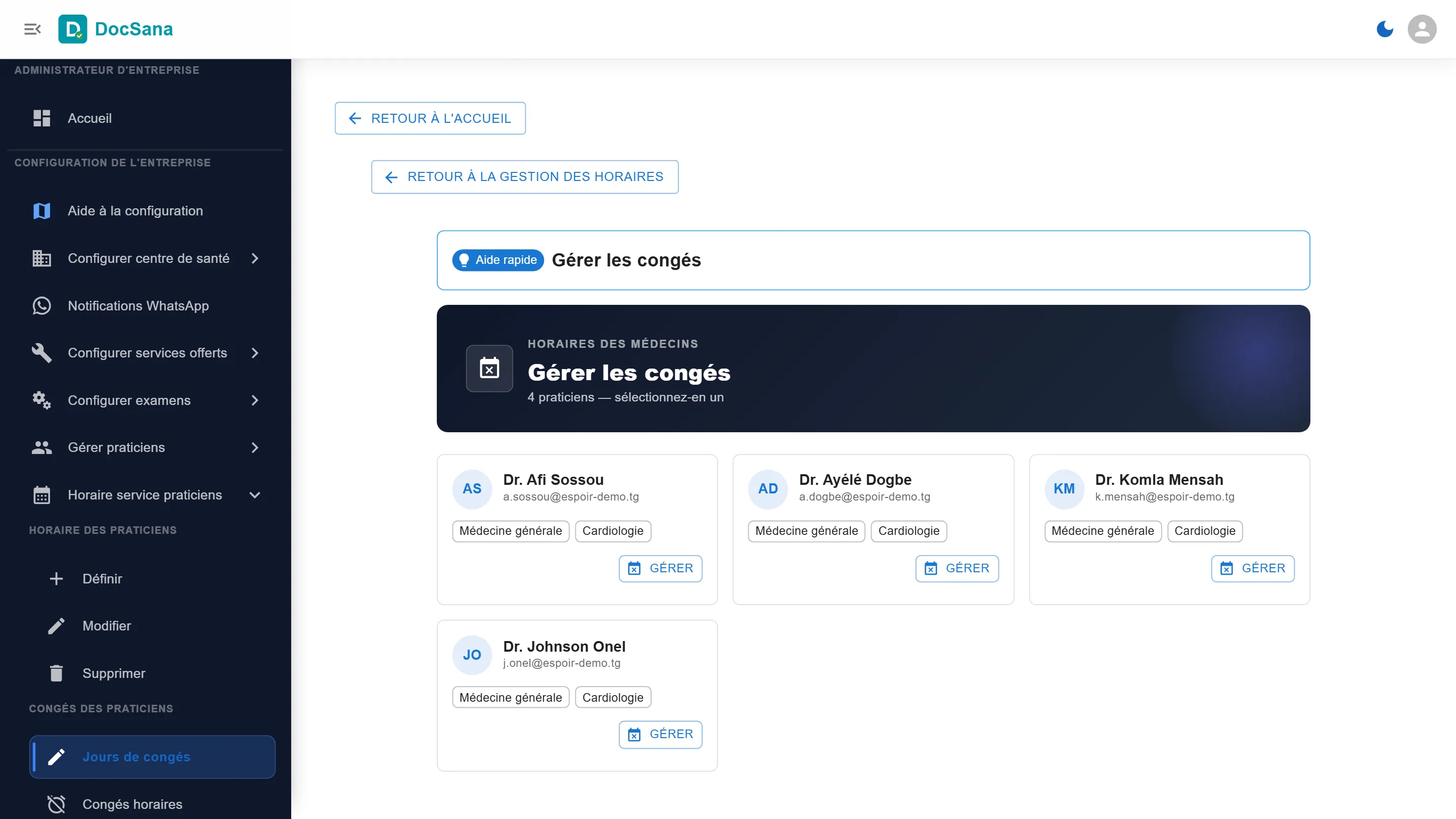 Page Gérer les congés : les fiches des quatre praticiens, chacune avec son bouton Gérer