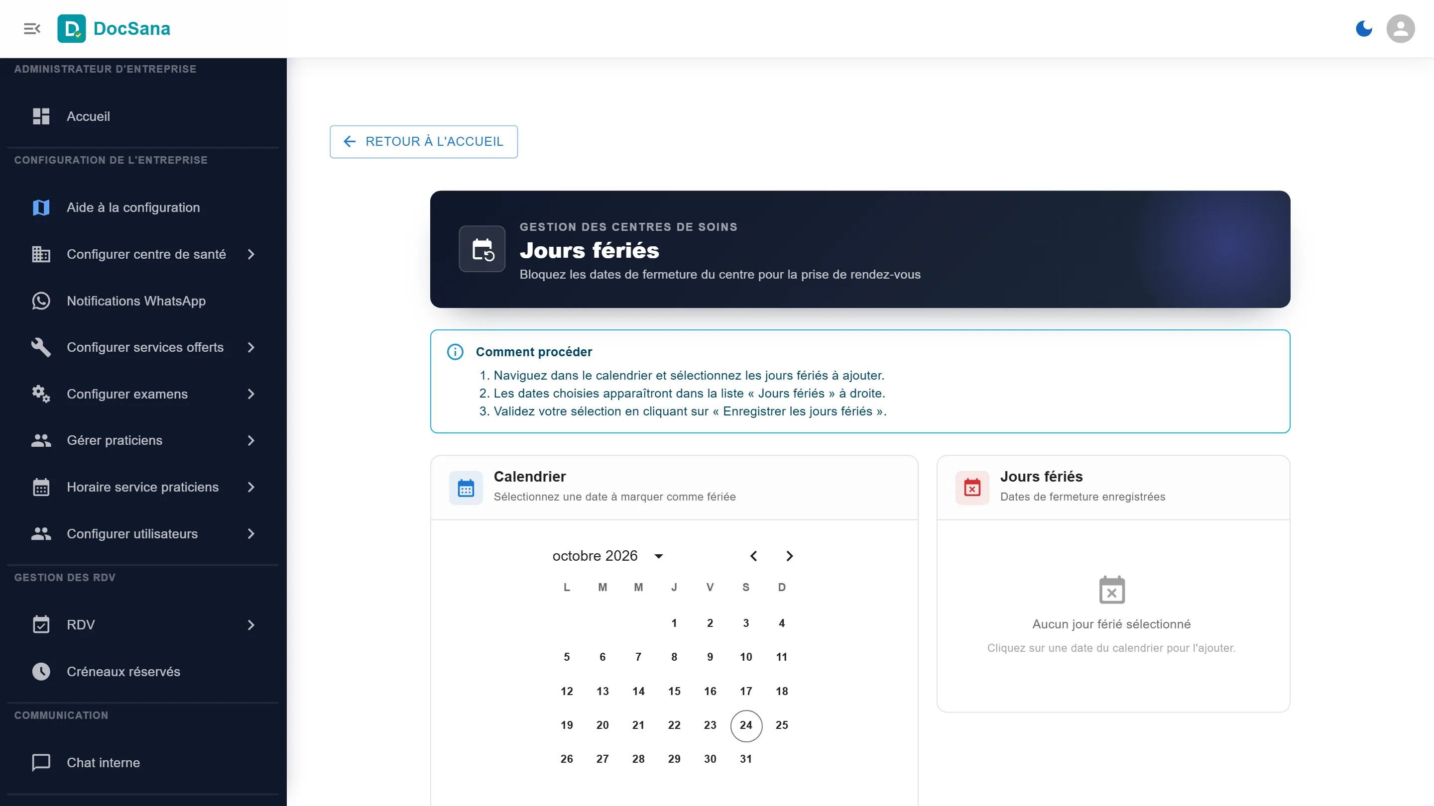 Page Jours fériés : calendrier à gauche, liste des jours fériés à droite