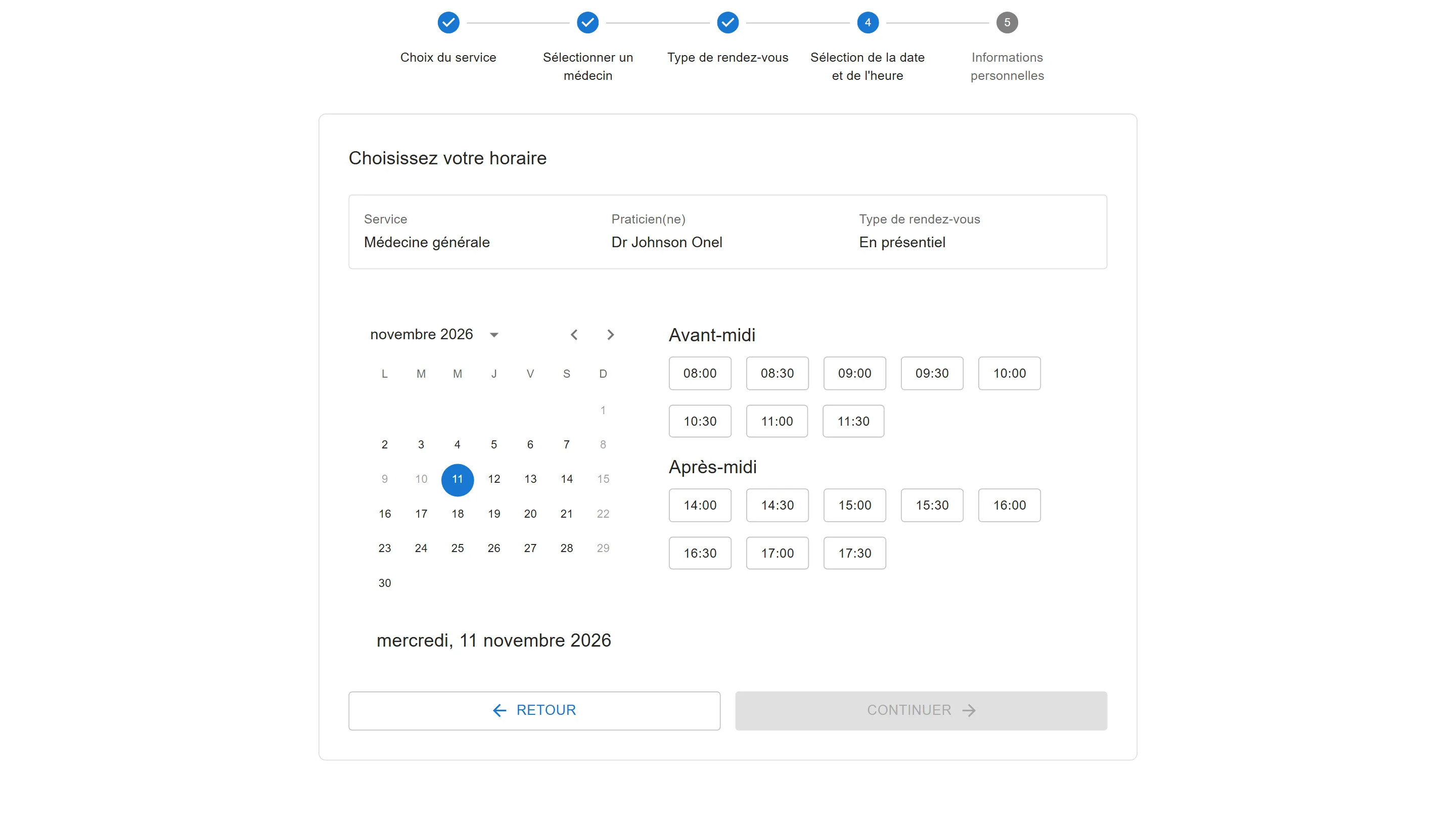 Prise de rendez-vous du patient avec le Dr Johnson Onel : les 9 et 10 novembre sont grisés dans le calendrier