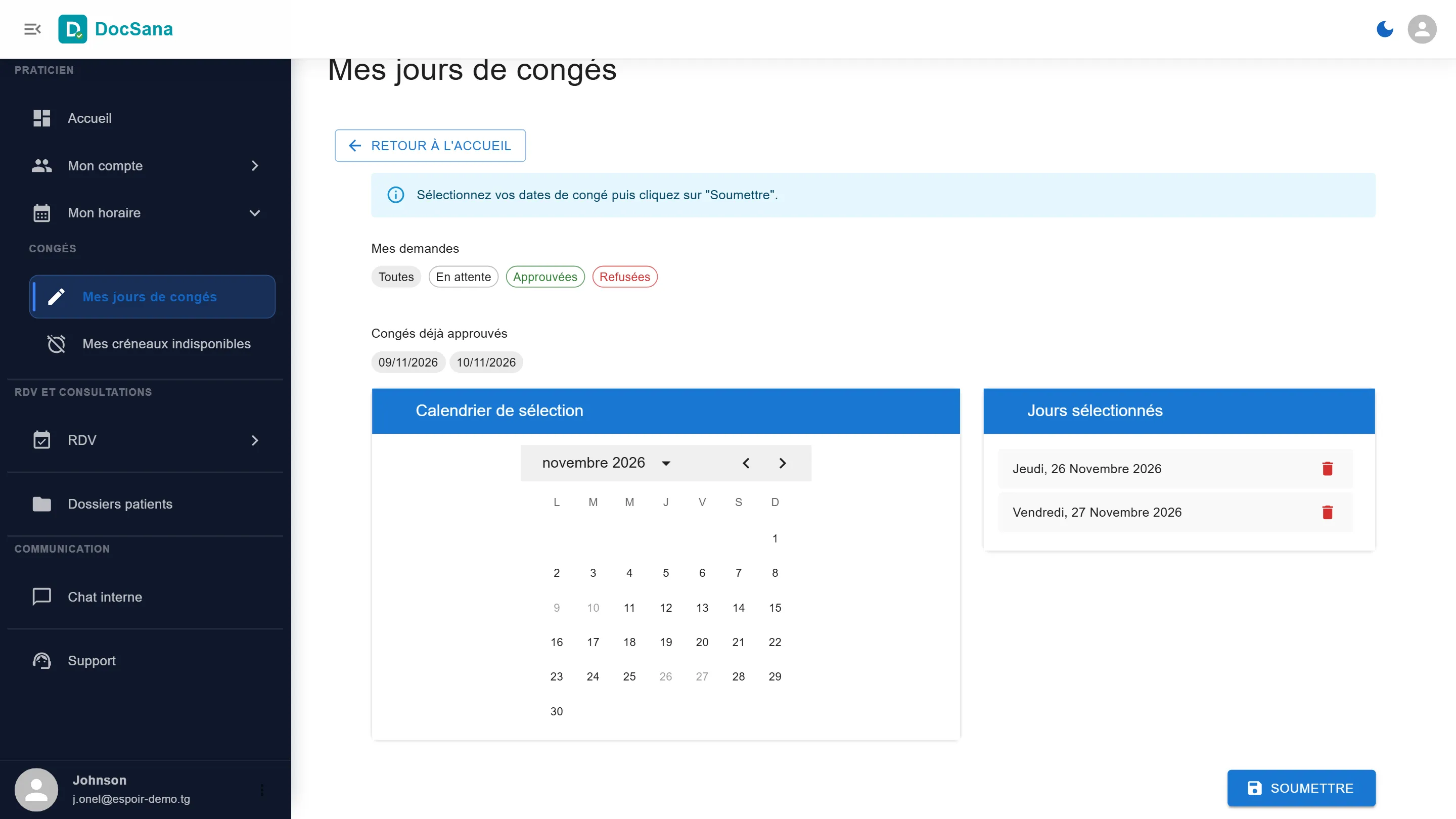 Page Mes jours de congés du praticien : jeudi 26 et vendredi 27 novembre 2026 sélectionnés, avec le bouton Soumettre