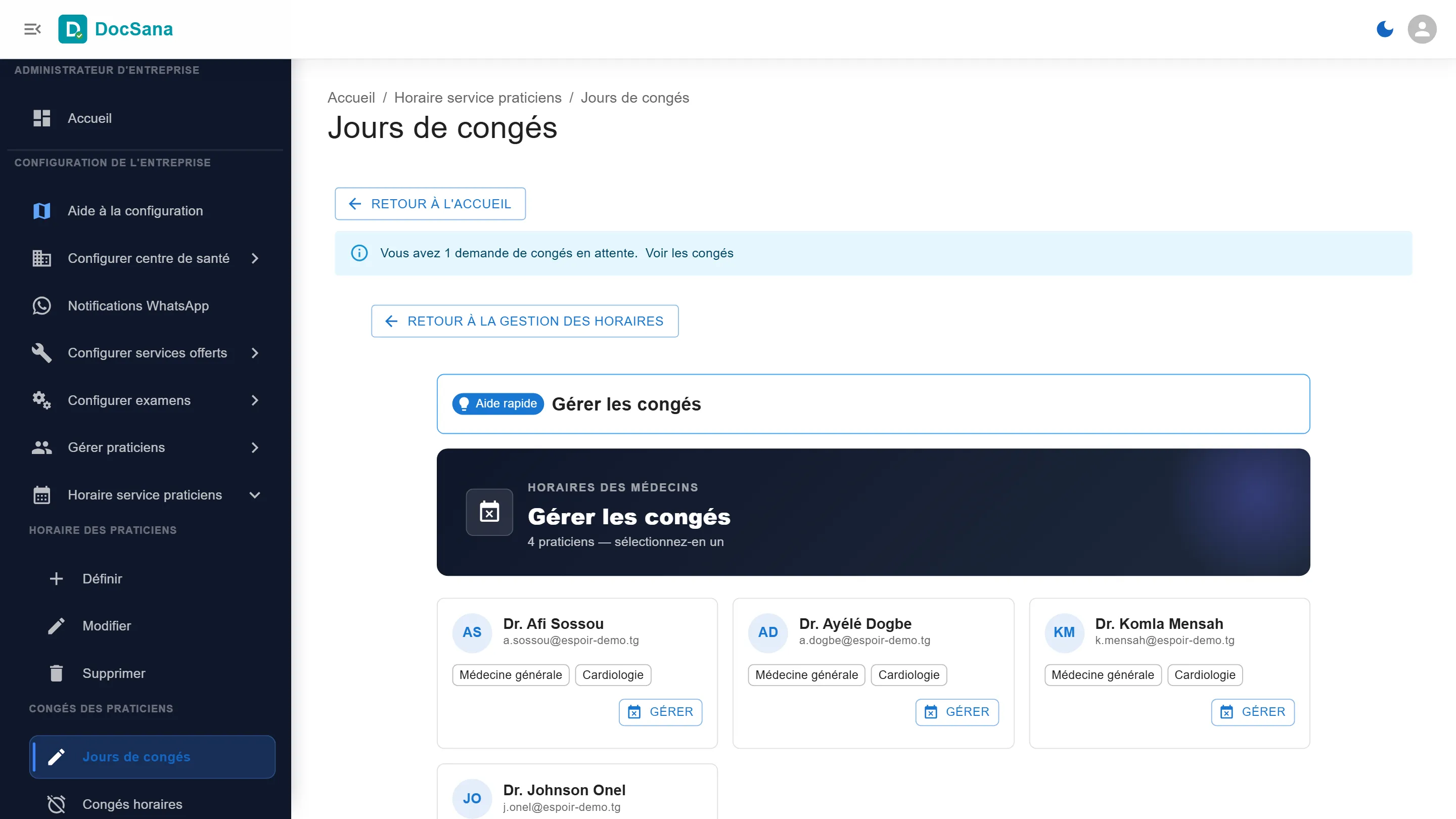 Bandeau de la page Jours de congés : vous avez 1 demande de congés en attente, Voir les congés