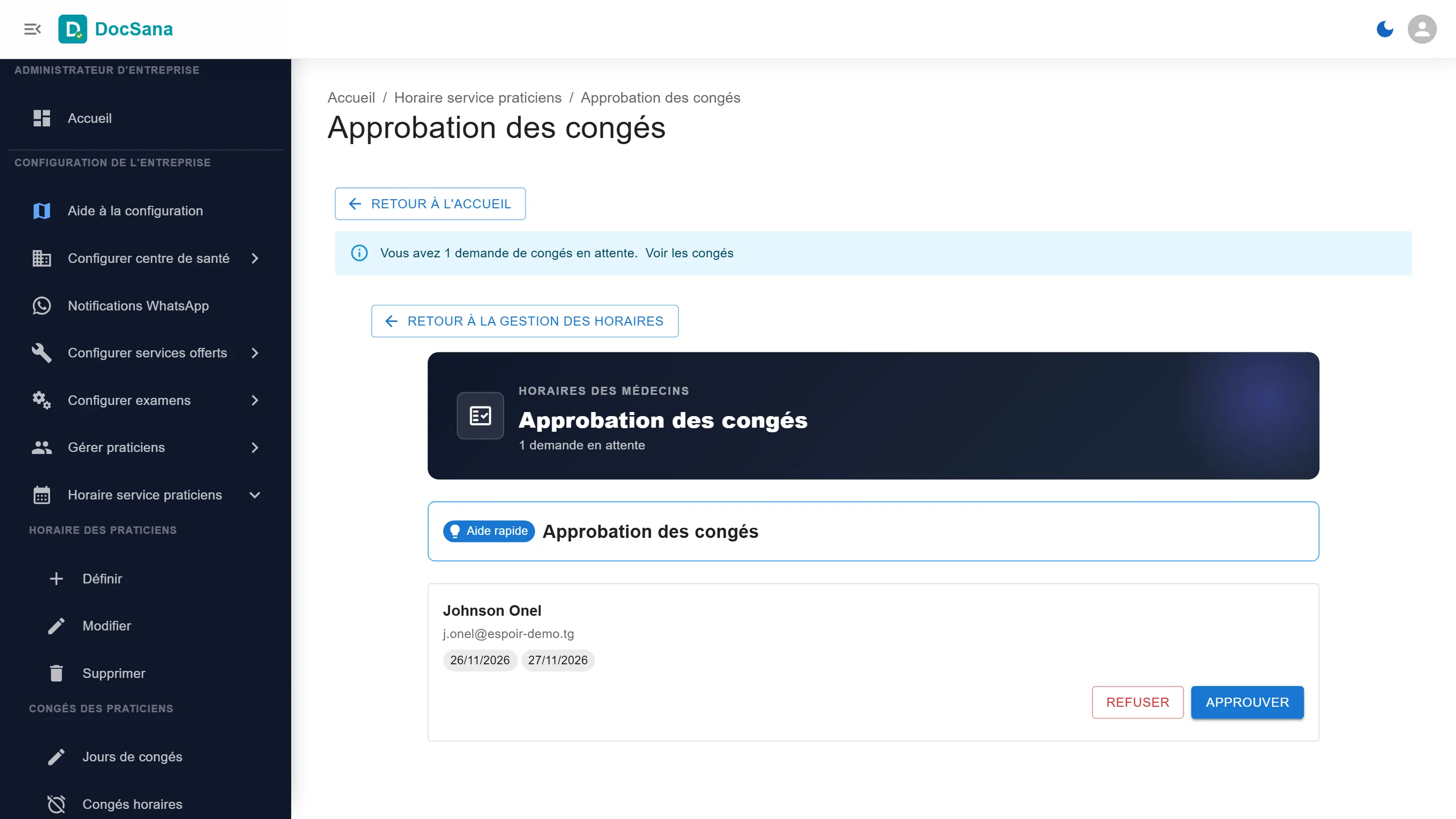 Page Approbation des congés : la demande de Johnson Onel pour les 26 et 27 novembre 2026, avec Refuser et Approuver