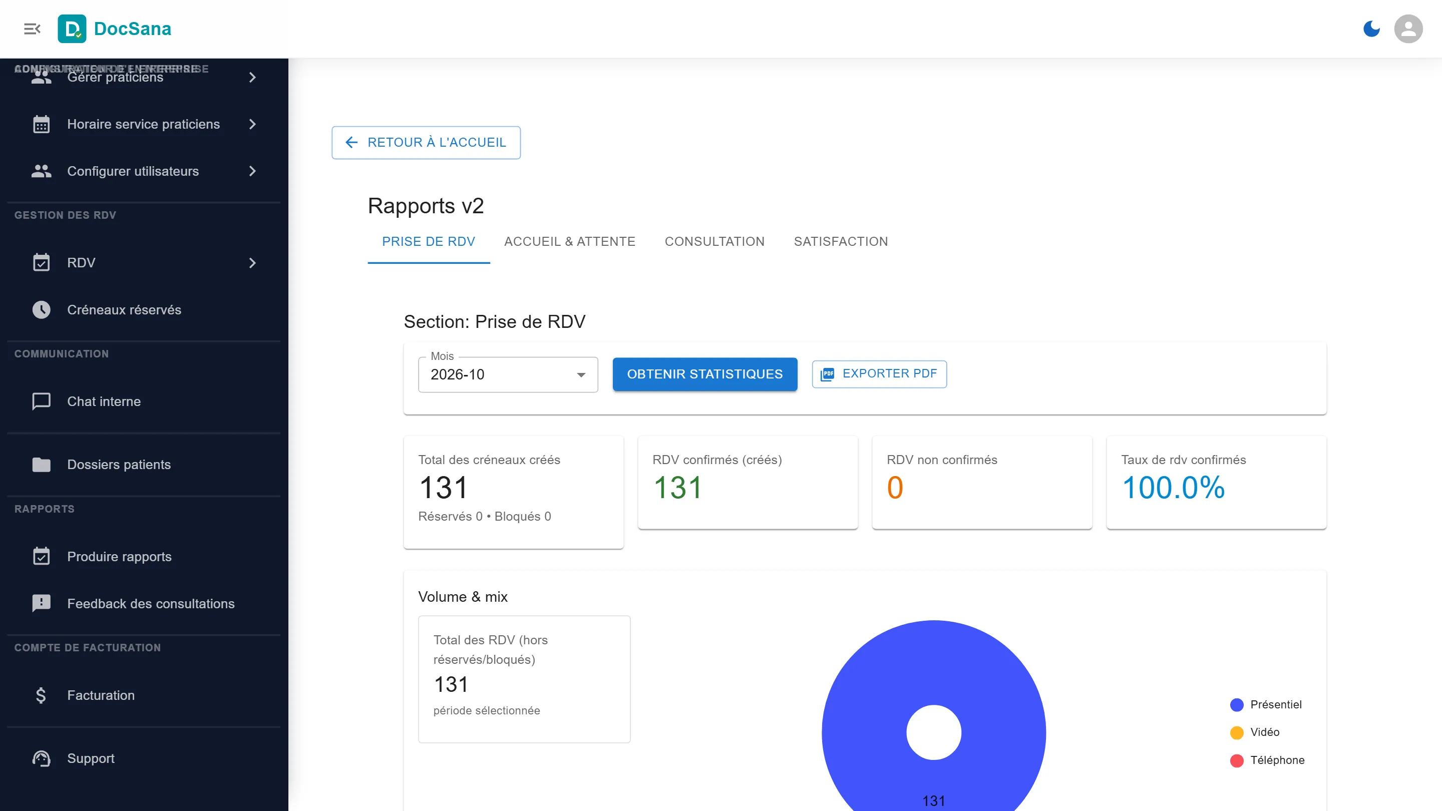 Page Rapports v2 avec ses onglets Prise de RDV, Accueil et attente, Consultation et Satisfaction