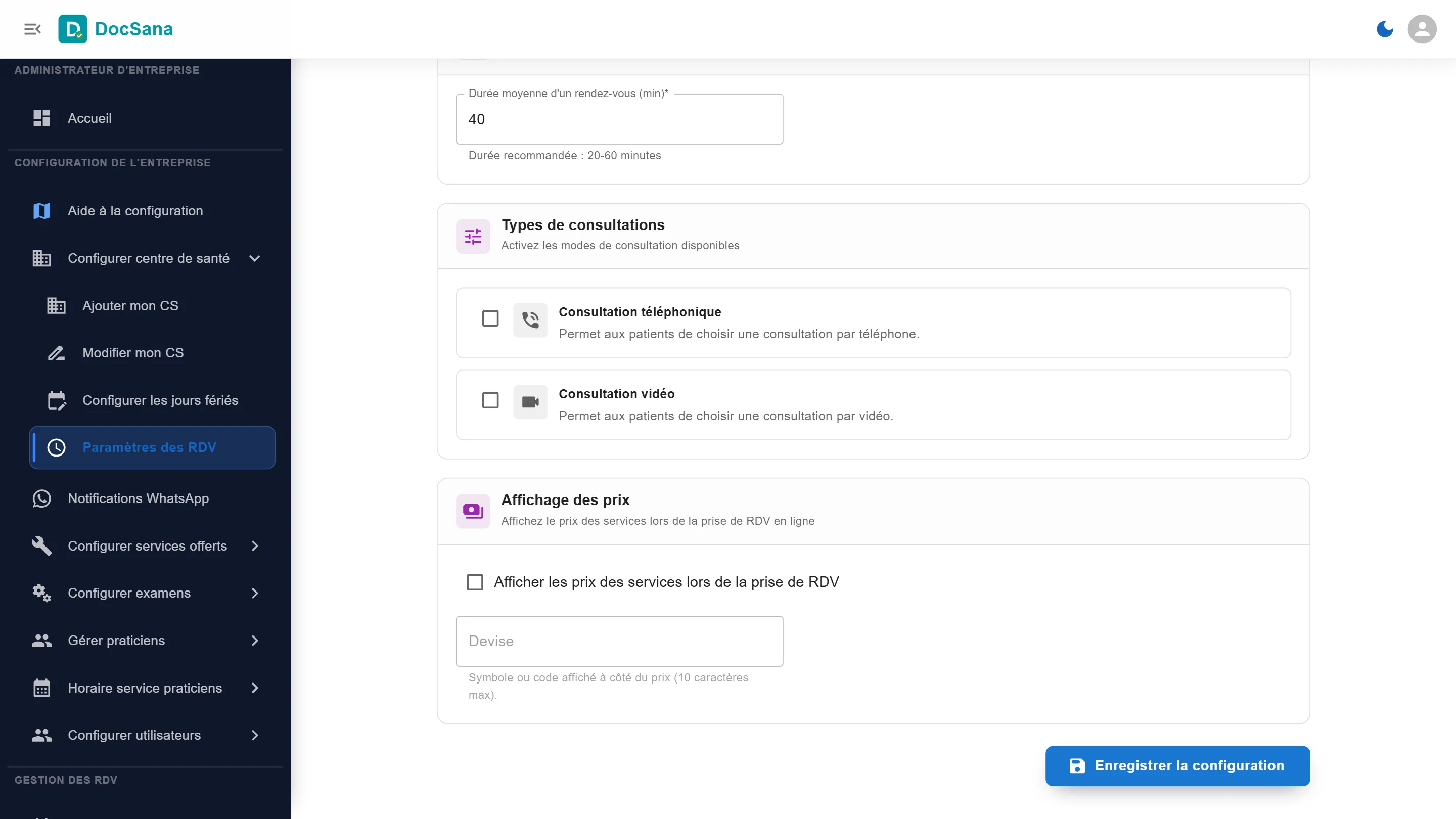 Durée moyenne d’un rendez-vous passée à 40 minutes, avec le bouton Enregistrer la configuration