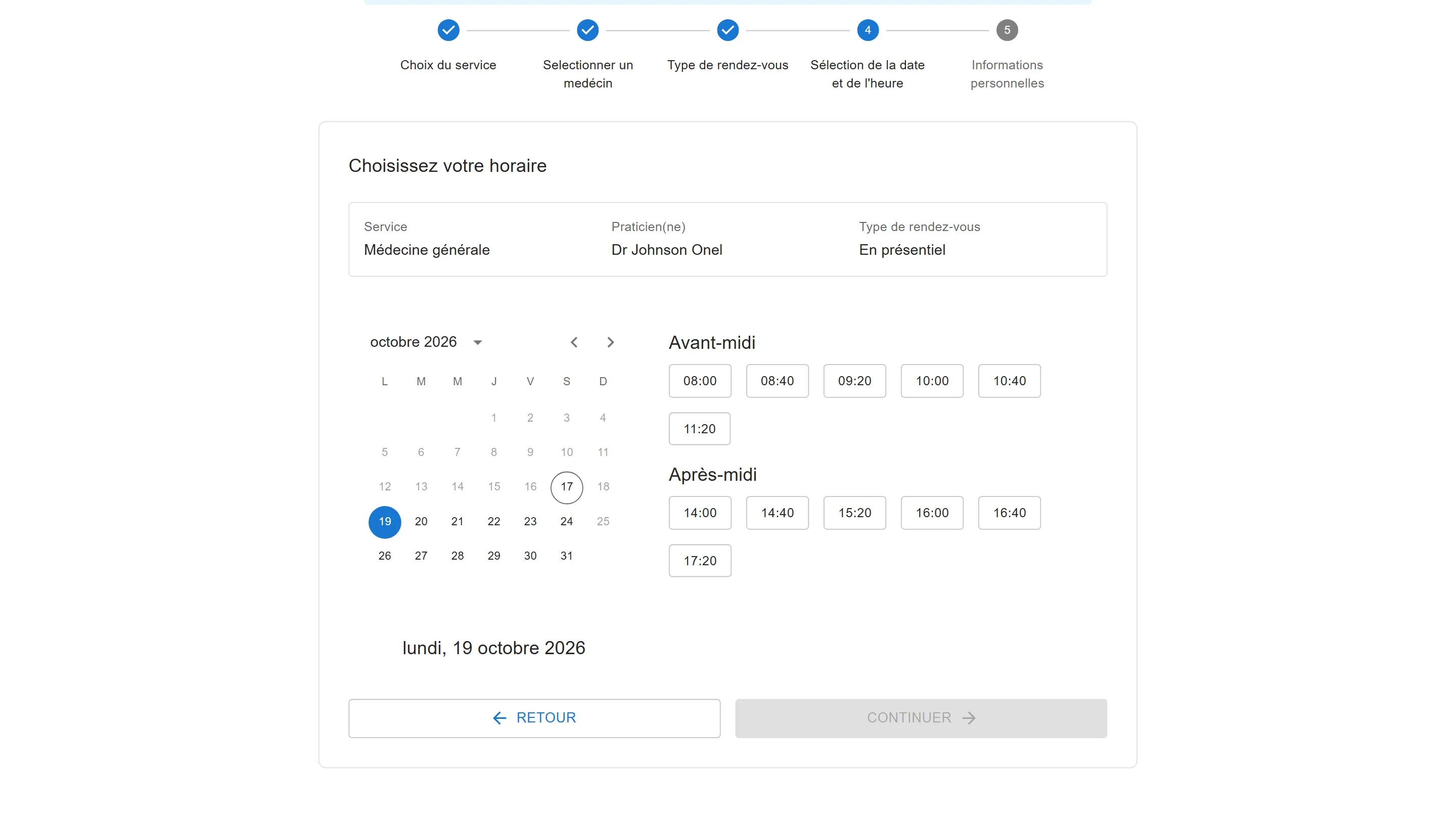 Prise de rendez-vous du patient : créneaux de 8 h 00, 8 h 40, 9 h 20, 10 h 00, 10 h 40 et 11 h 20 le matin