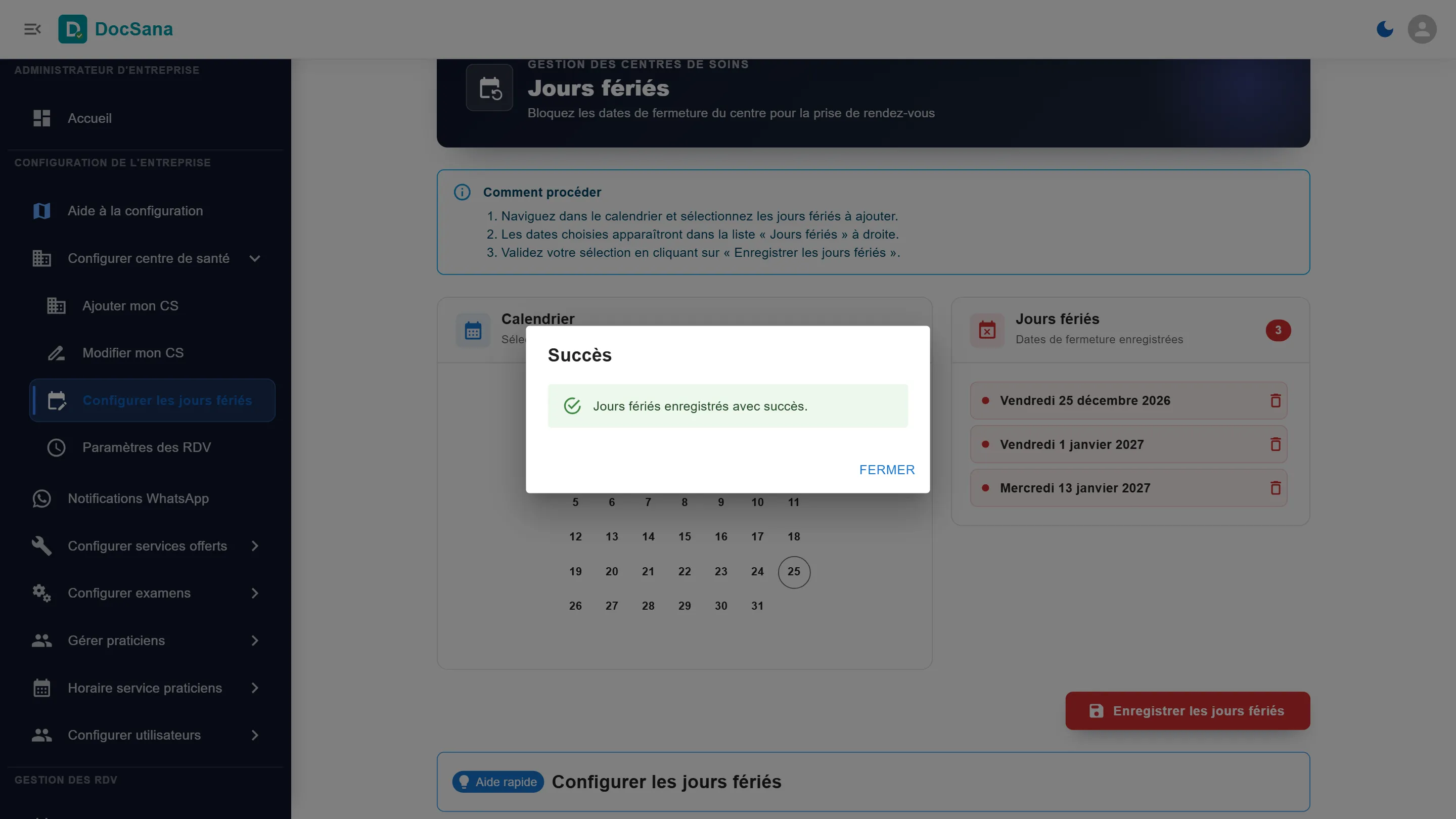 Message de succès : jours fériés enregistrés