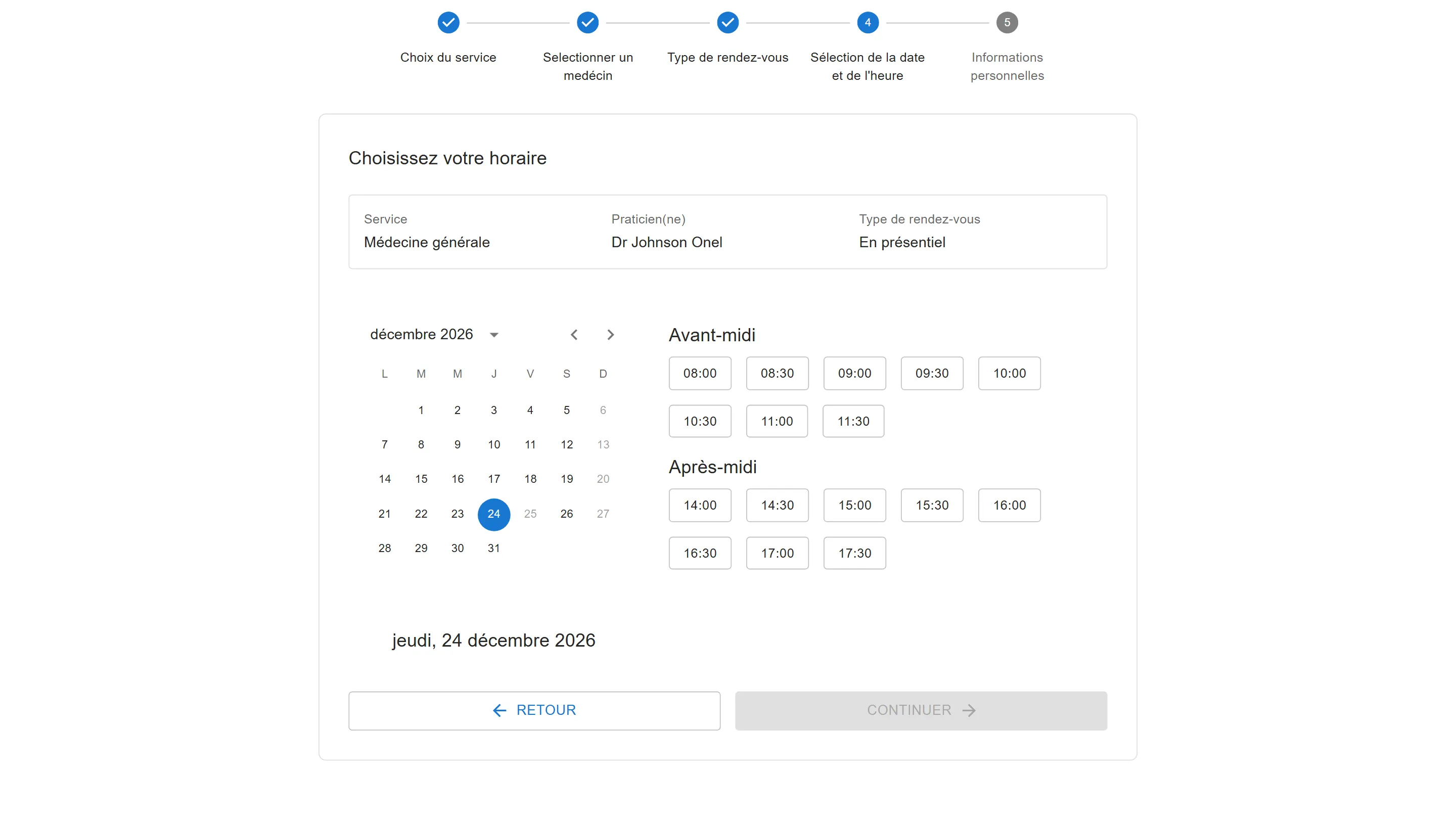 Prise de rendez-vous du patient : dans le calendrier de décembre 2026, le 25 est grisé