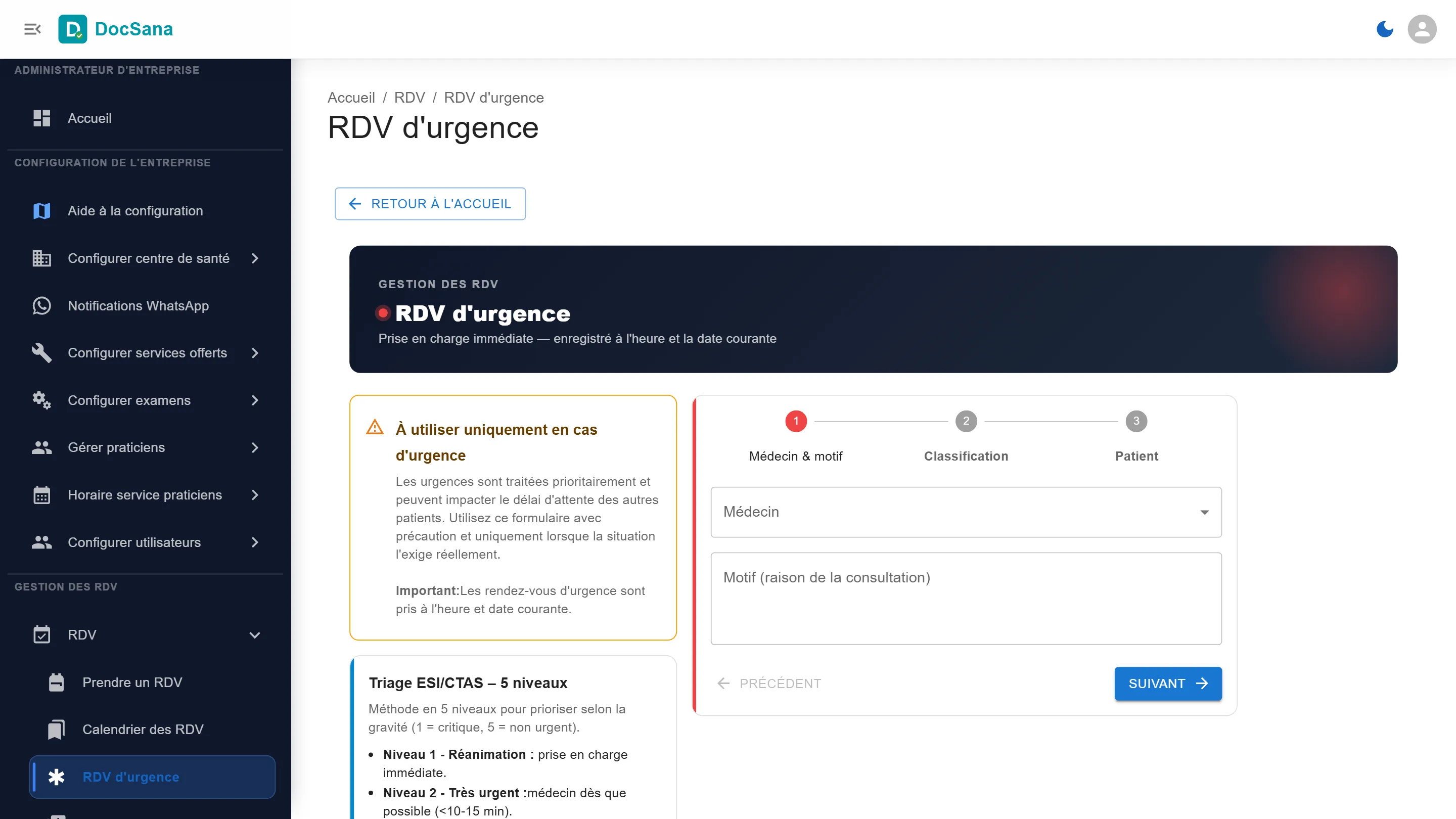 Page RDV d’urgence, ouverte depuis le menu RDV : prise en charge immédiate, enregistrée à l’heure et à la date courante ; à droite, les étapes Médecin & motif, Classification et Patient