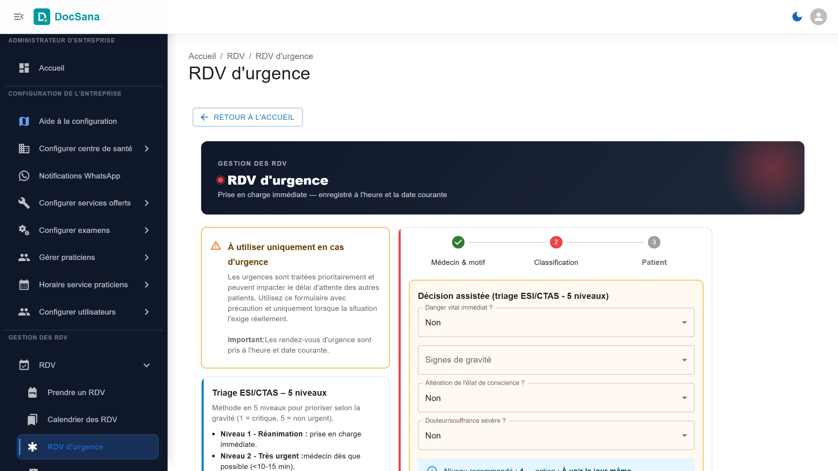 Étape Classification : les questions Danger vital immédiat ?, Signes de gravité, Altération de l’état de conscience ? et Douleur/souffrance sévère ?