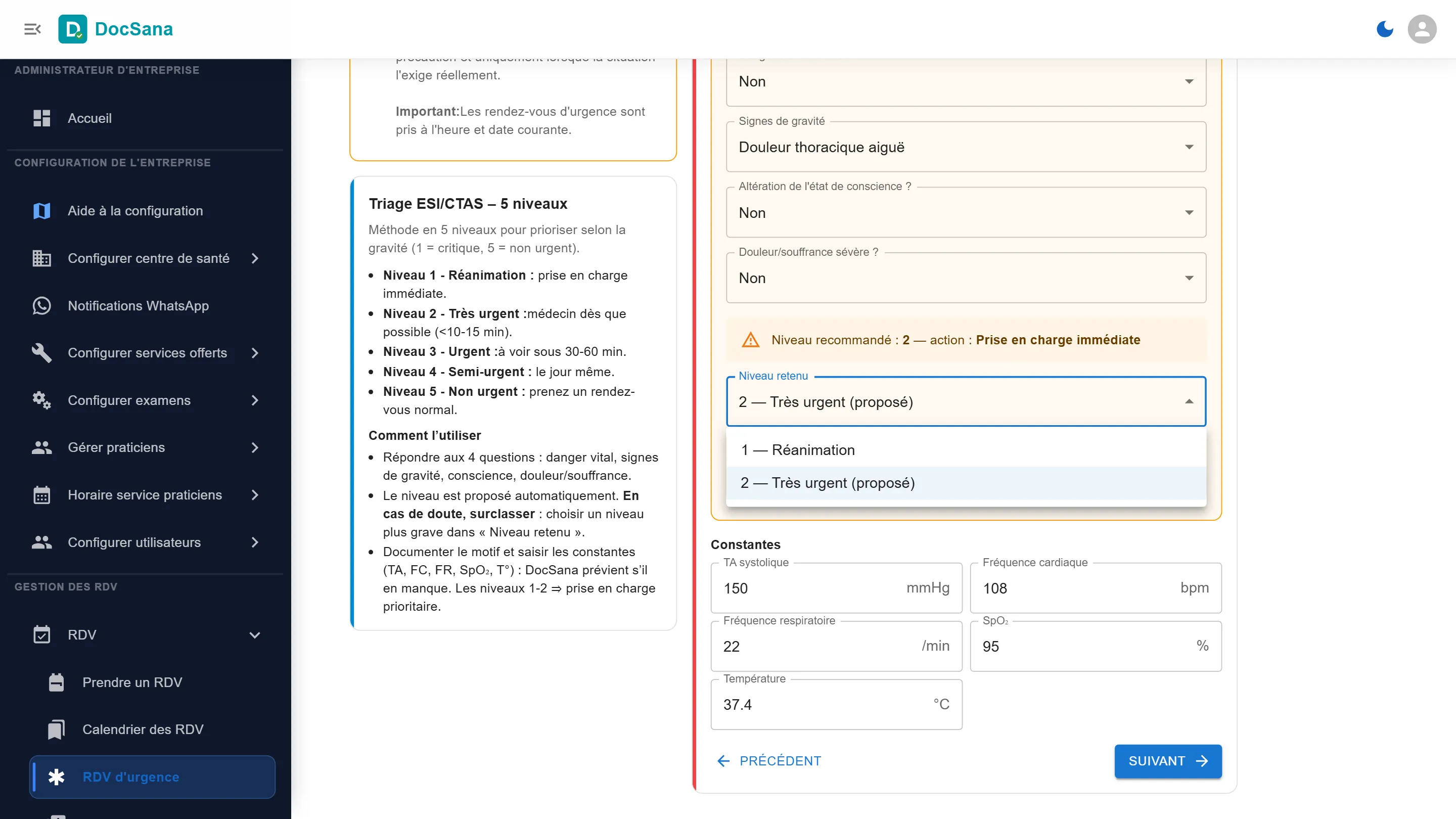 La liste Niveau retenu ouverte : 1 — Réanimation, et 2 — Très urgent (proposé)