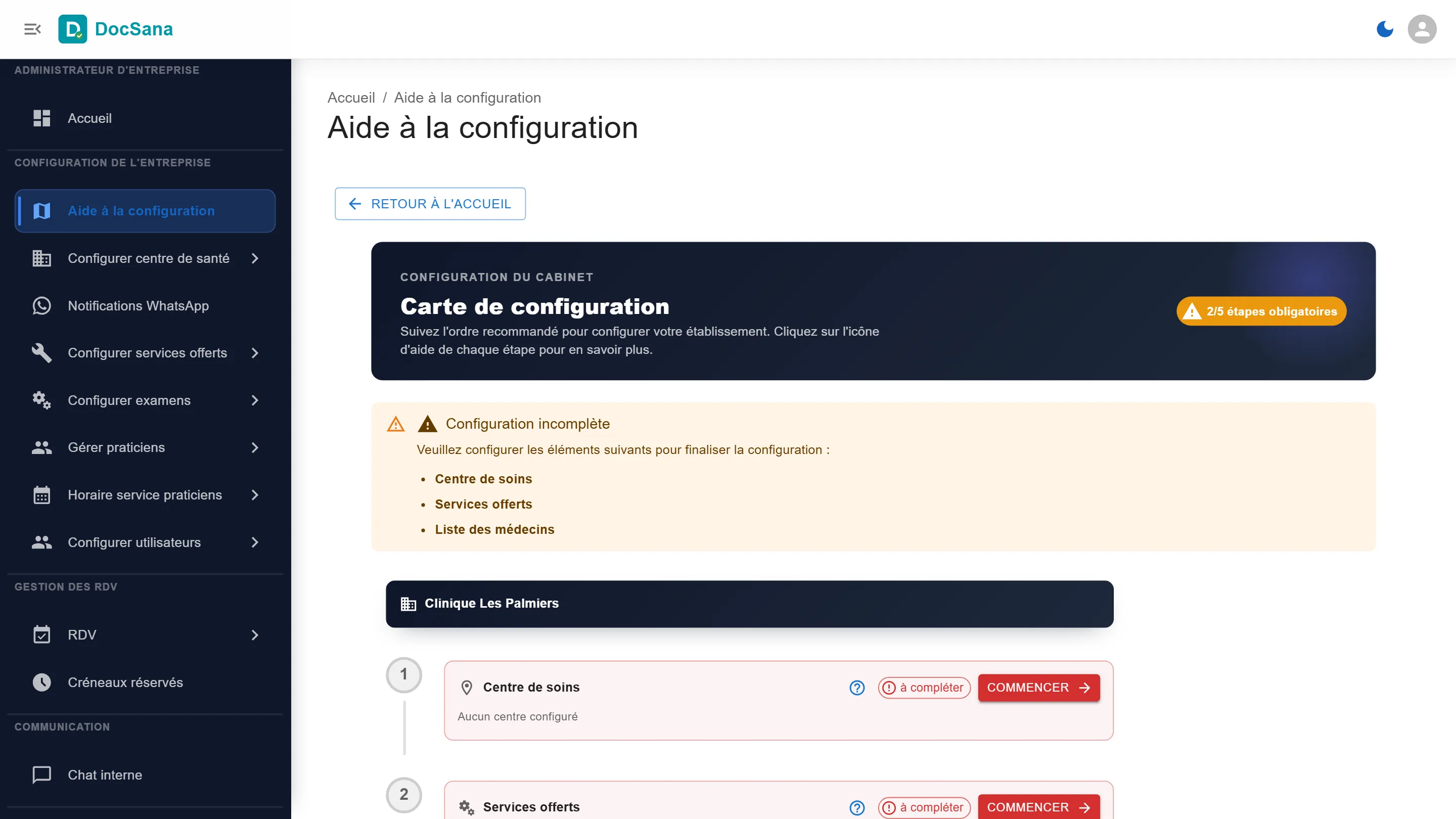 Étape Centre de soins : aucun centre configuré, avec le bouton Commencer
