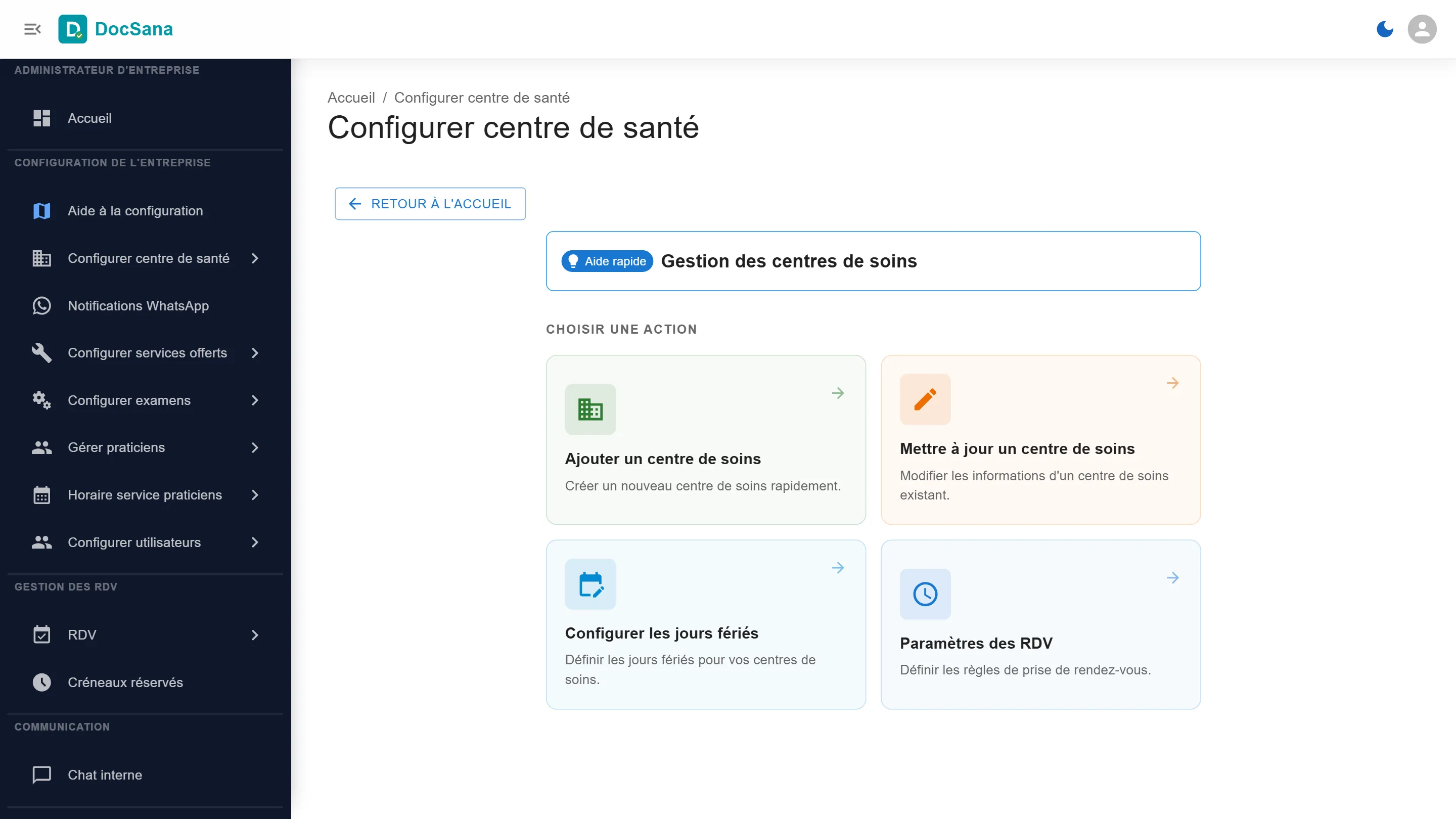 Page Configurer centre de santé avec ses quatre actions, dont Ajouter un centre de soins