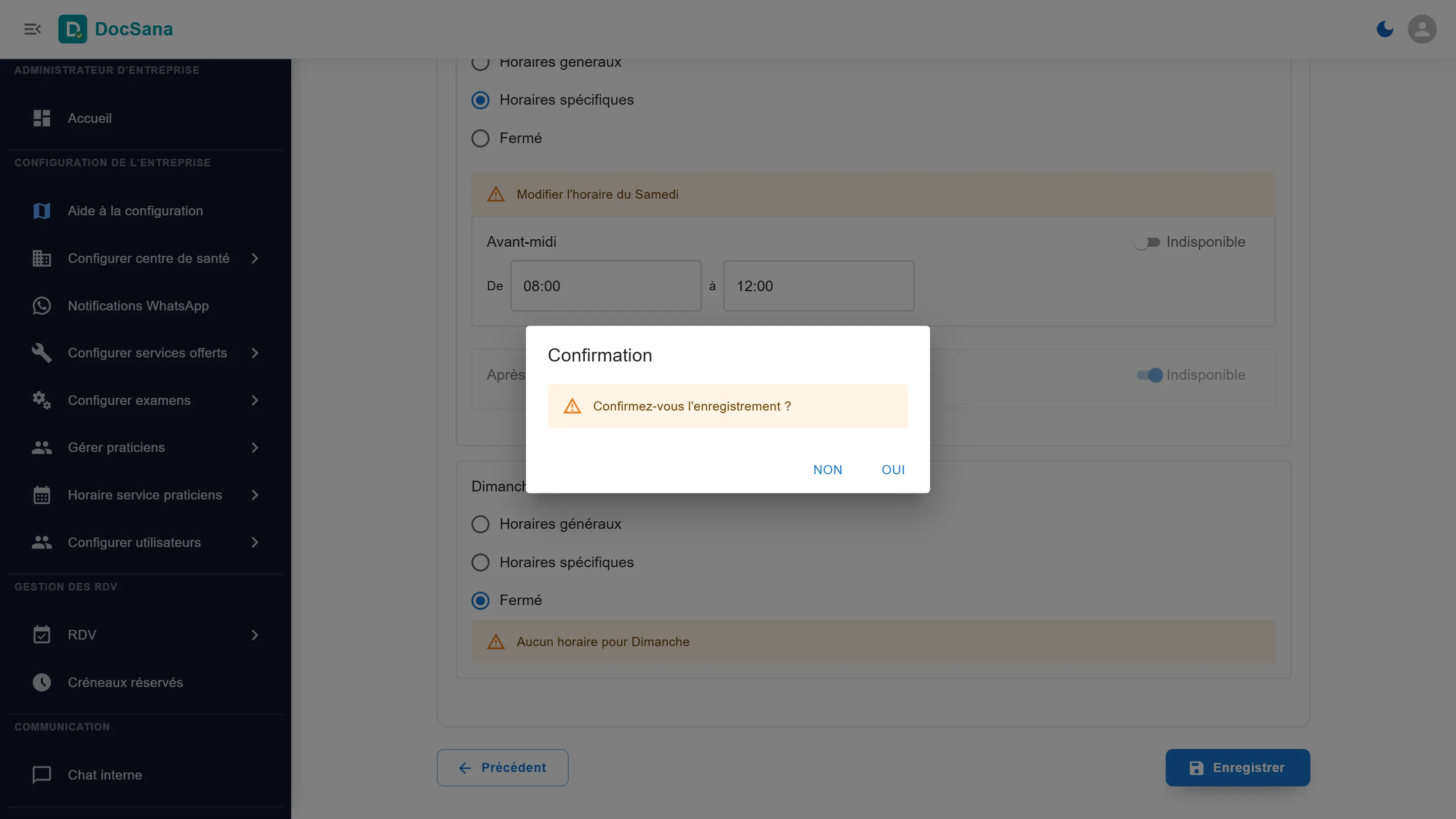 Fenêtre de confirmation : Confirmez-vous l’enregistrement ? avec les boutons Non et Oui