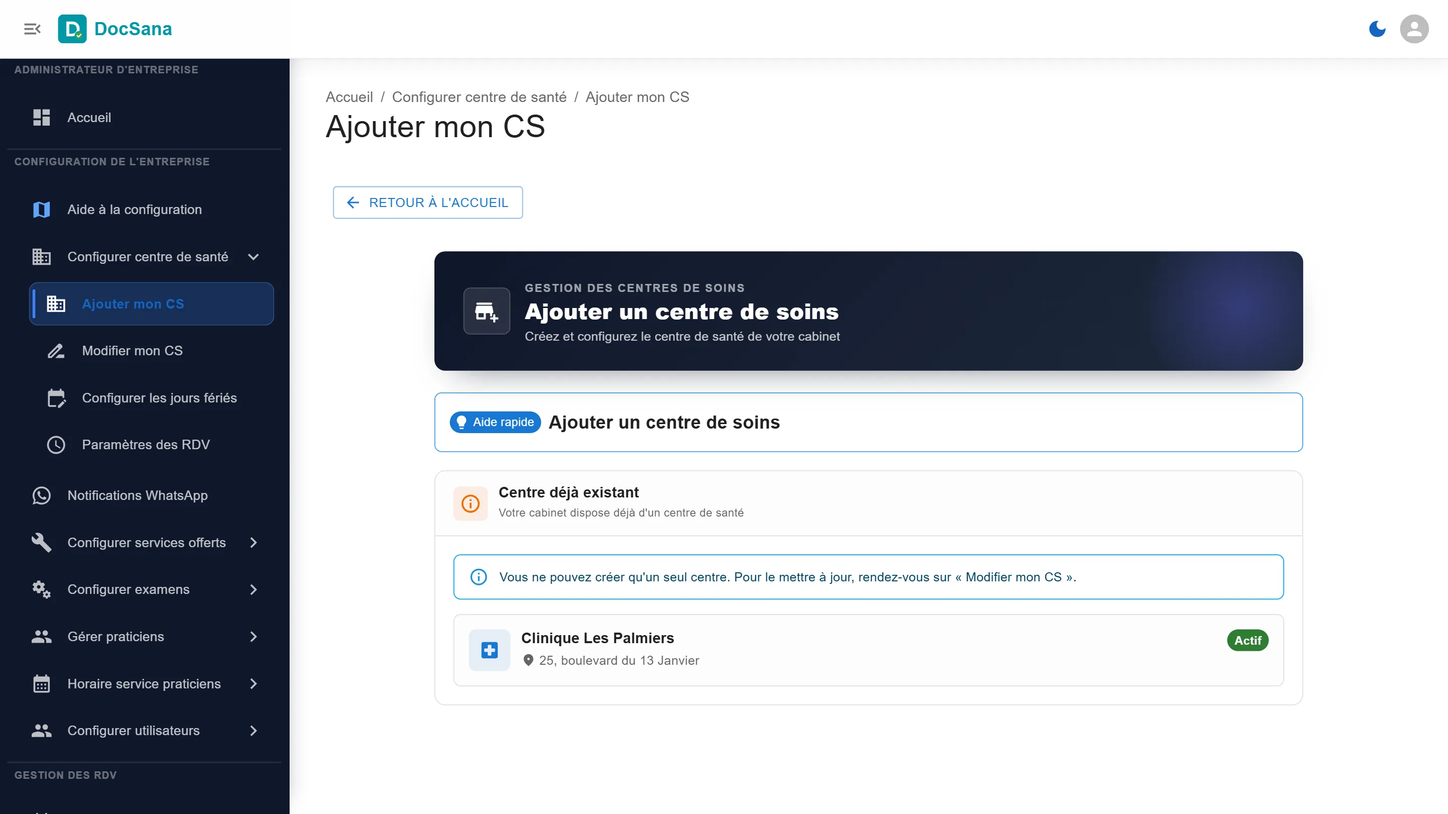 Page Ajouter mon CS : centre déjà existant, avec un renvoi vers Modifier mon CS