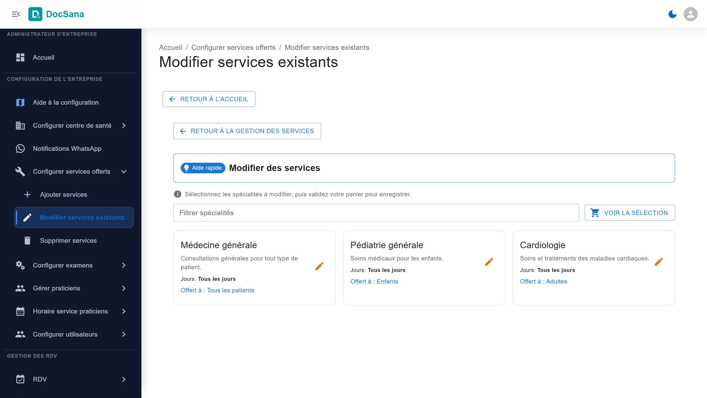 Page Modifier services existants : les cartes des services, chacune avec son crayon