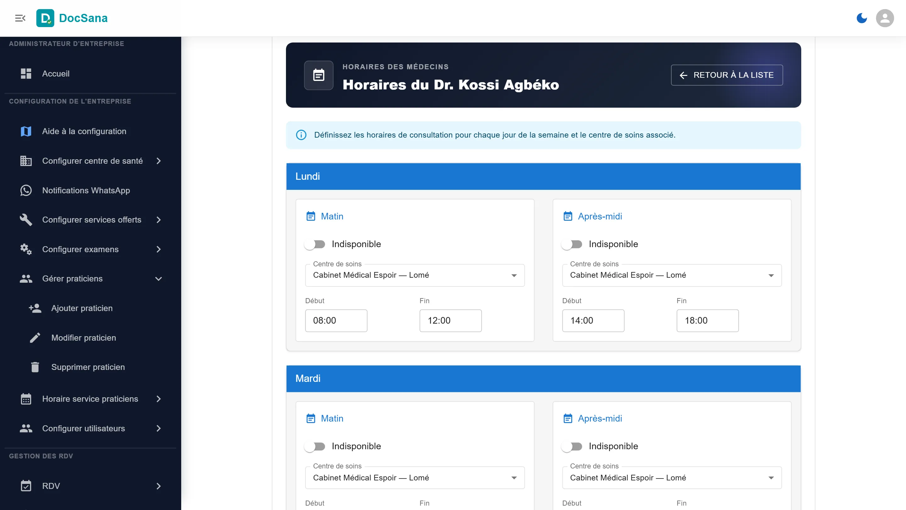 Horaires du Dr Kossi Agbéko : le lundi, matin de 8 h à 12 h et après-midi de 14 h à 18 h