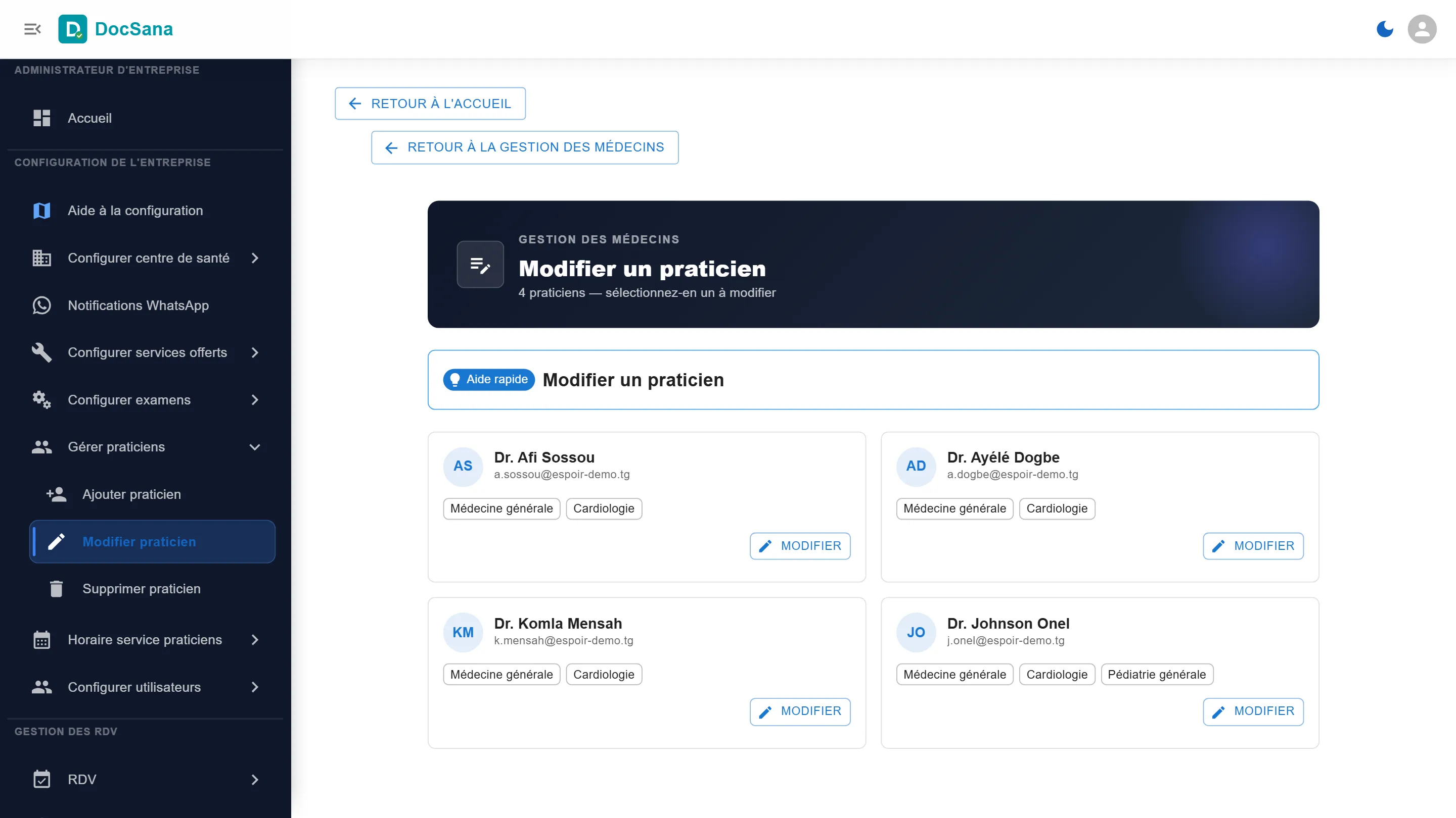 Page Modifier un praticien : la fiche du Dr Johnson Onel avec Médecine générale, Cardiologie et Pédiatrie générale