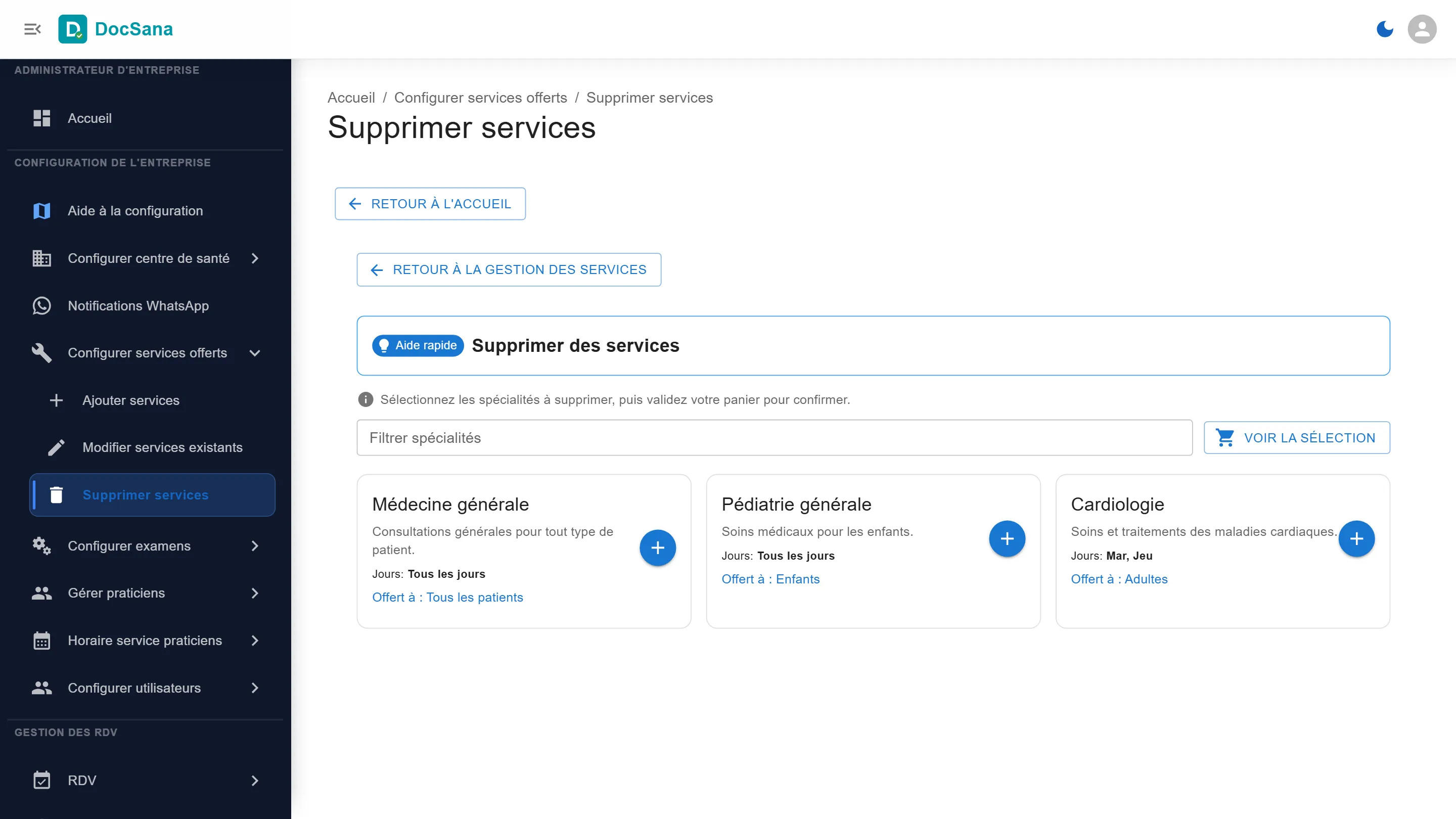 Page Supprimer services : Médecine générale, Pédiatrie générale et Cardiologie, chacune avec son bouton +