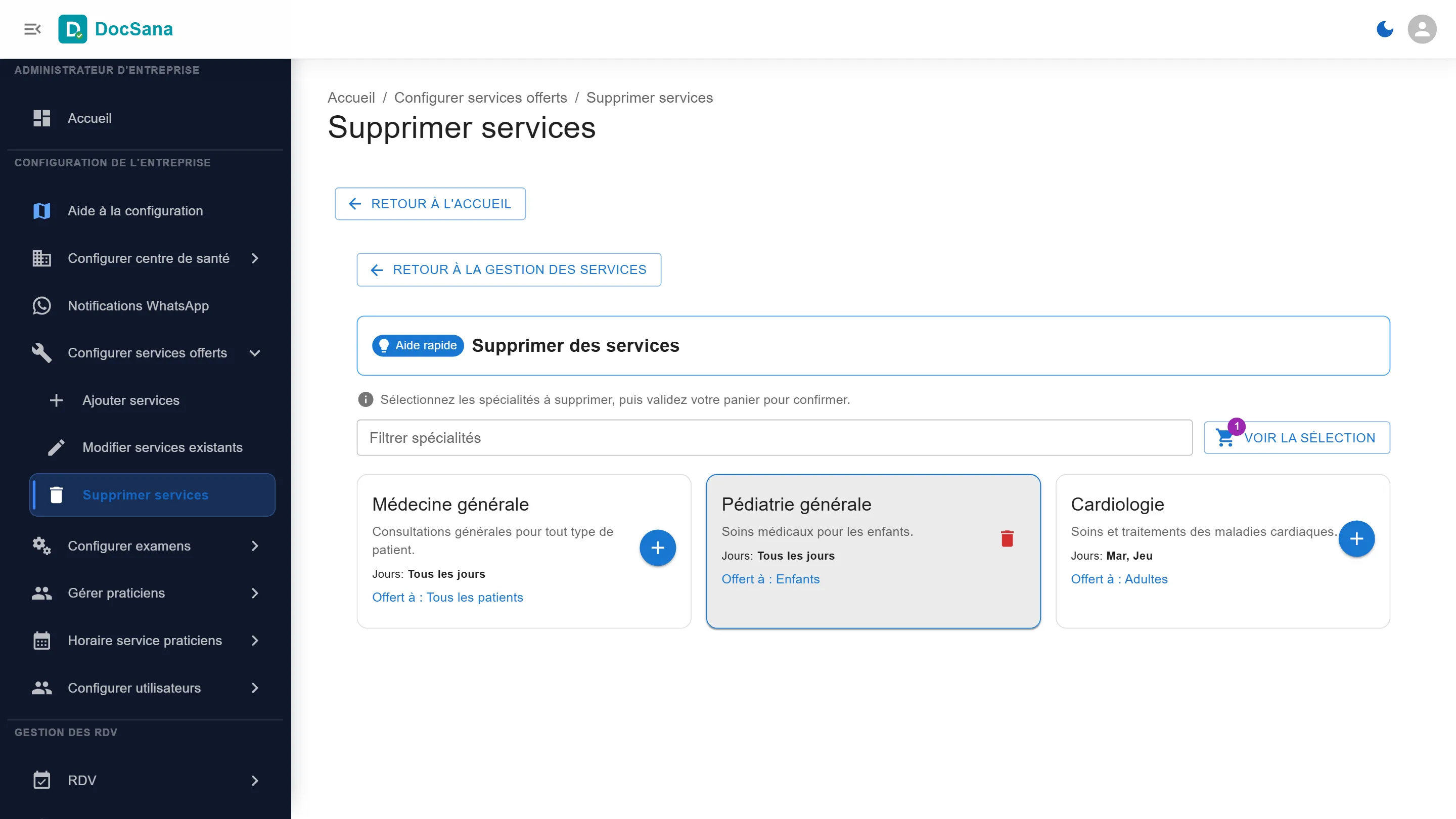 Page Supprimer services : Pédiatrie générale sélectionnée, le compteur de Voir la sélection à 1