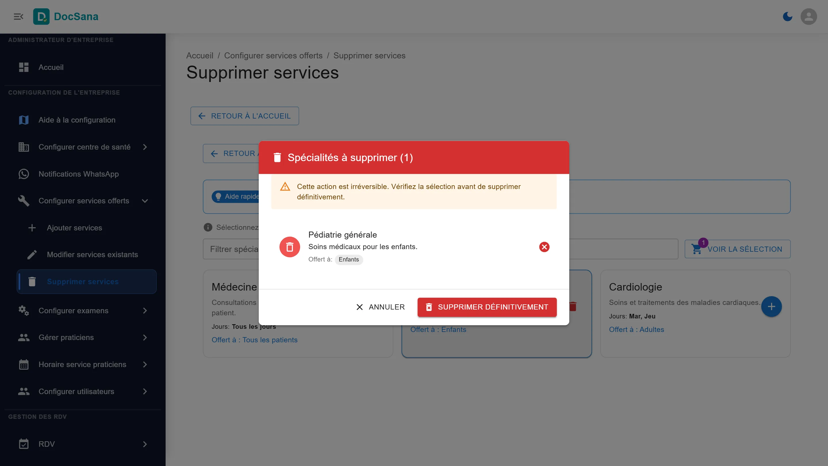 Fenêtre Spécialités à supprimer (1) : Pédiatrie générale, action irréversible, avec le bouton Supprimer définitivement