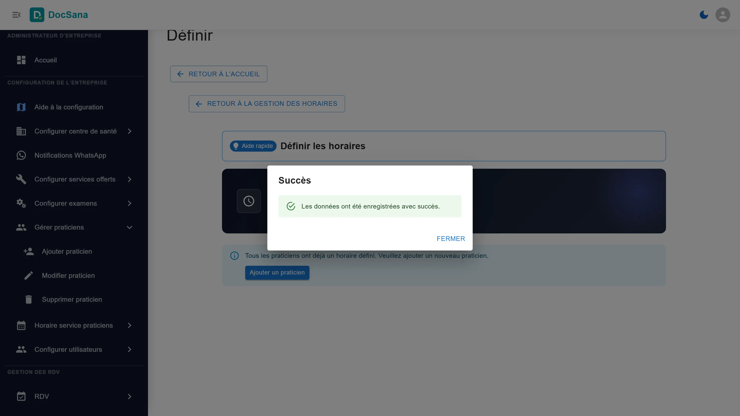 Message de succès : les données ont été enregistrées