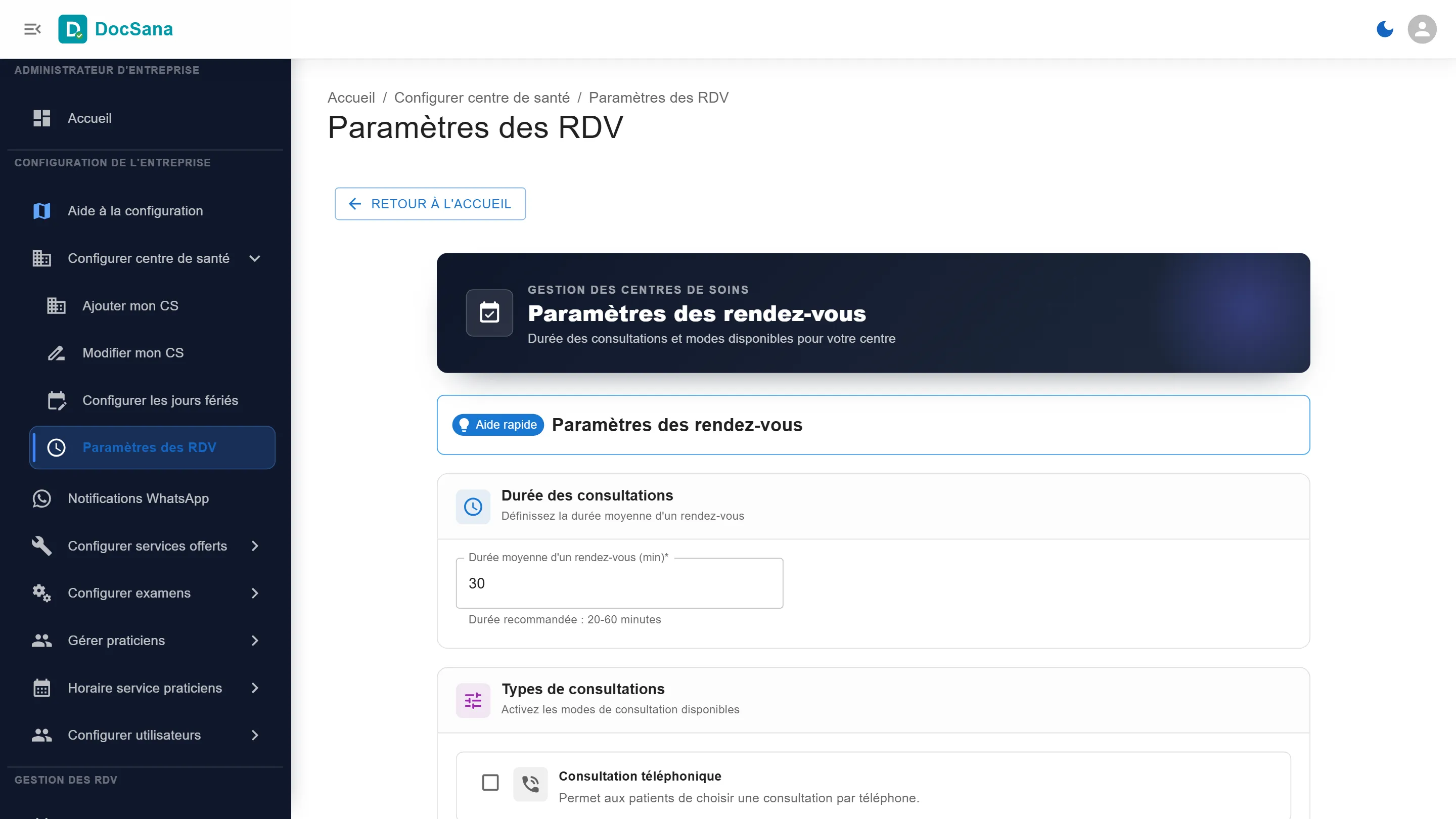 Page Paramètres des rendez-vous : durée moyenne d’un rendez-vous de 30 minutes, durée recommandée de 20 à 60 minutes