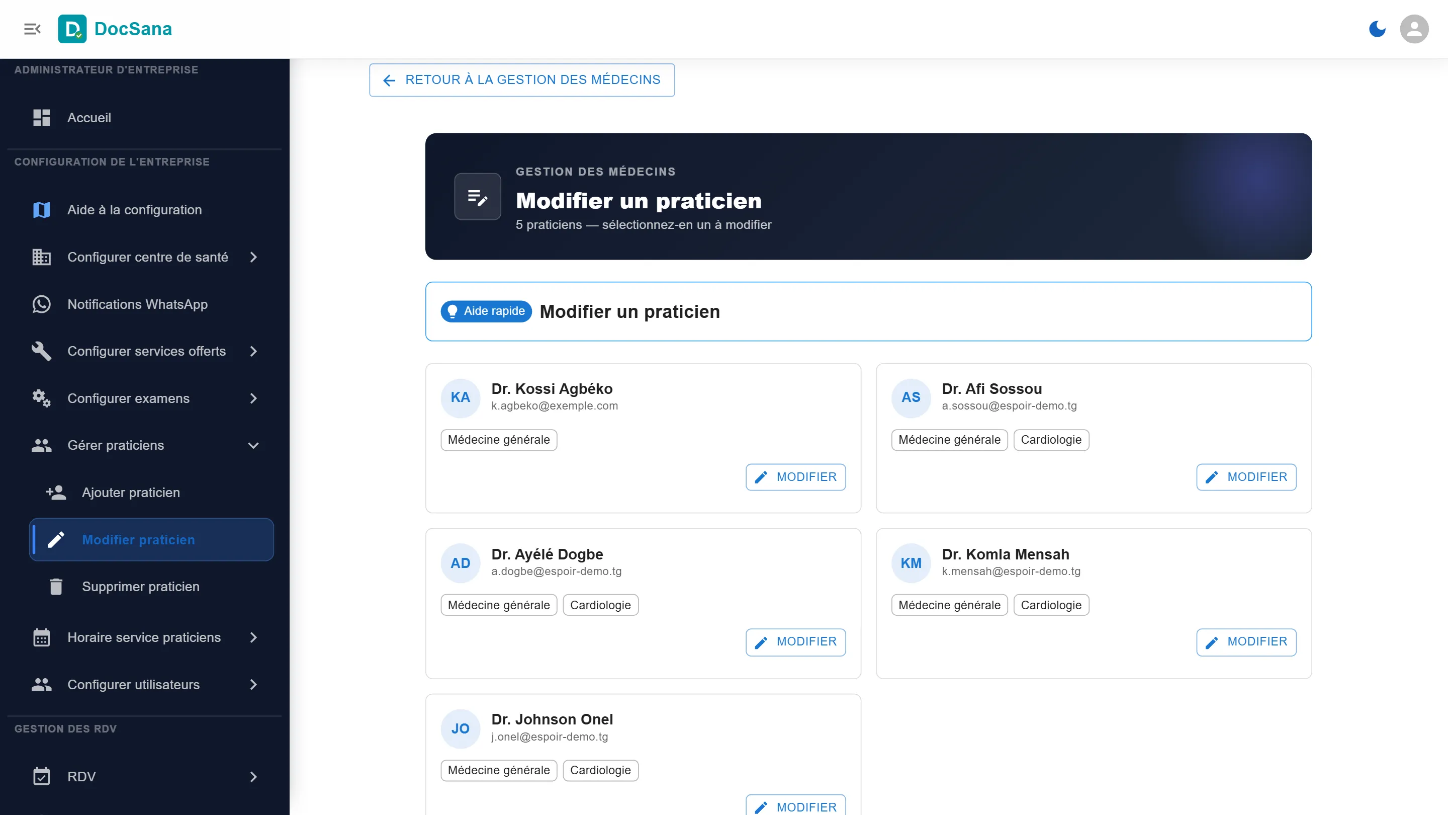 Page Modifier un praticien : les fiches des praticiens, chacune avec son bouton Modifier