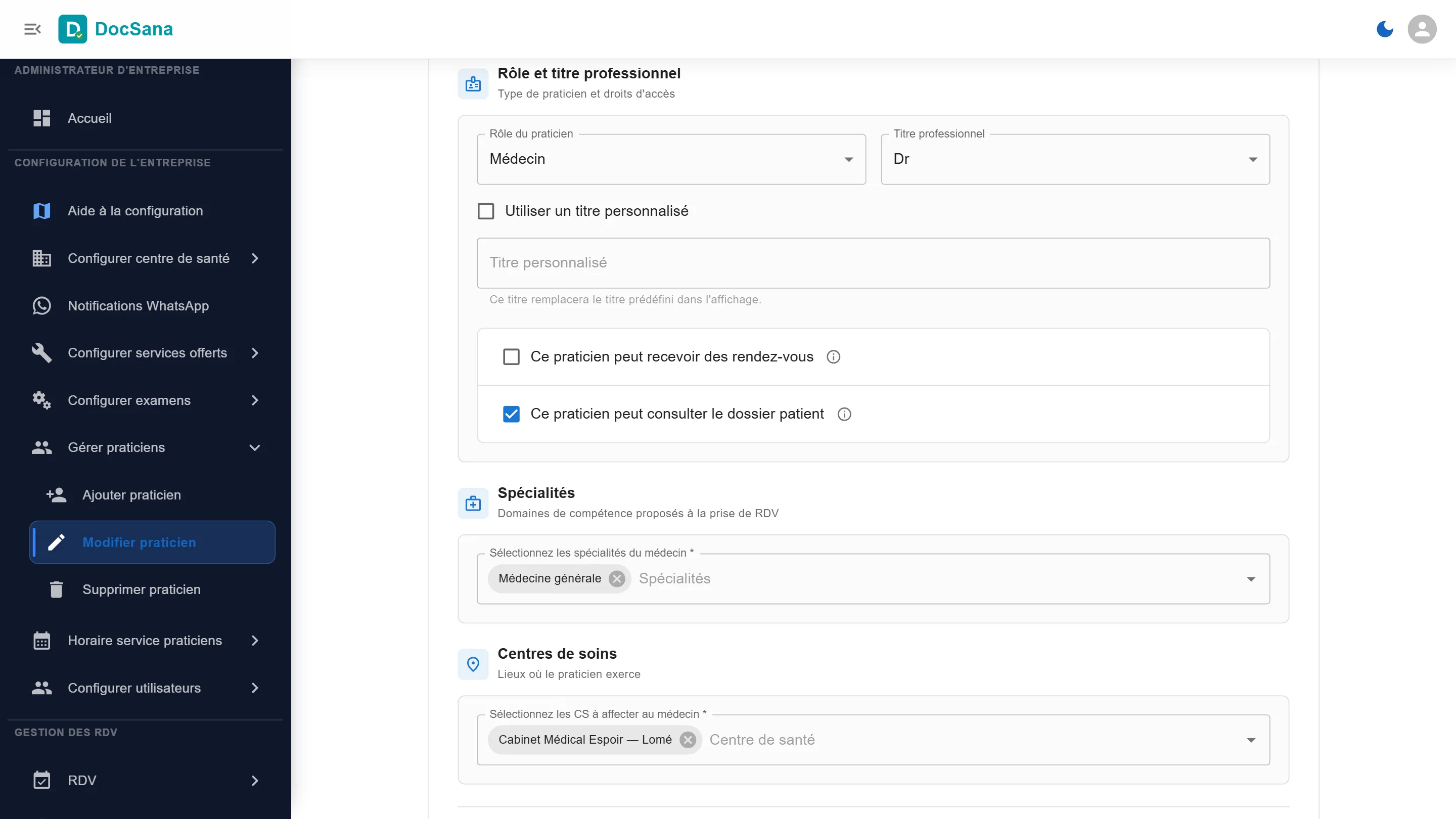 Fiche du praticien : la case Ce praticien peut recevoir des rendez-vous décochée