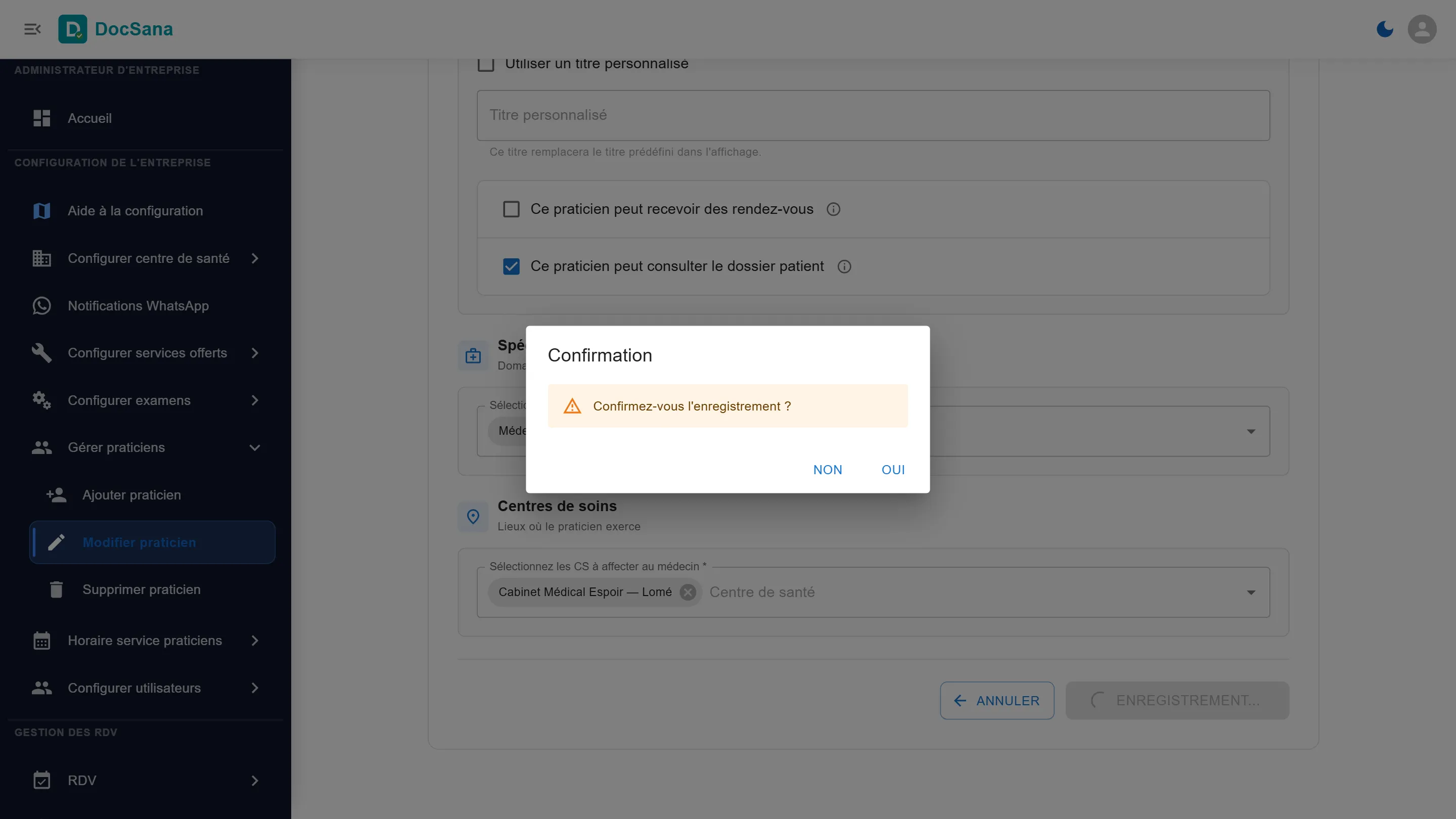 Fenêtre de confirmation de l’enregistrement, avec les boutons Non et Oui