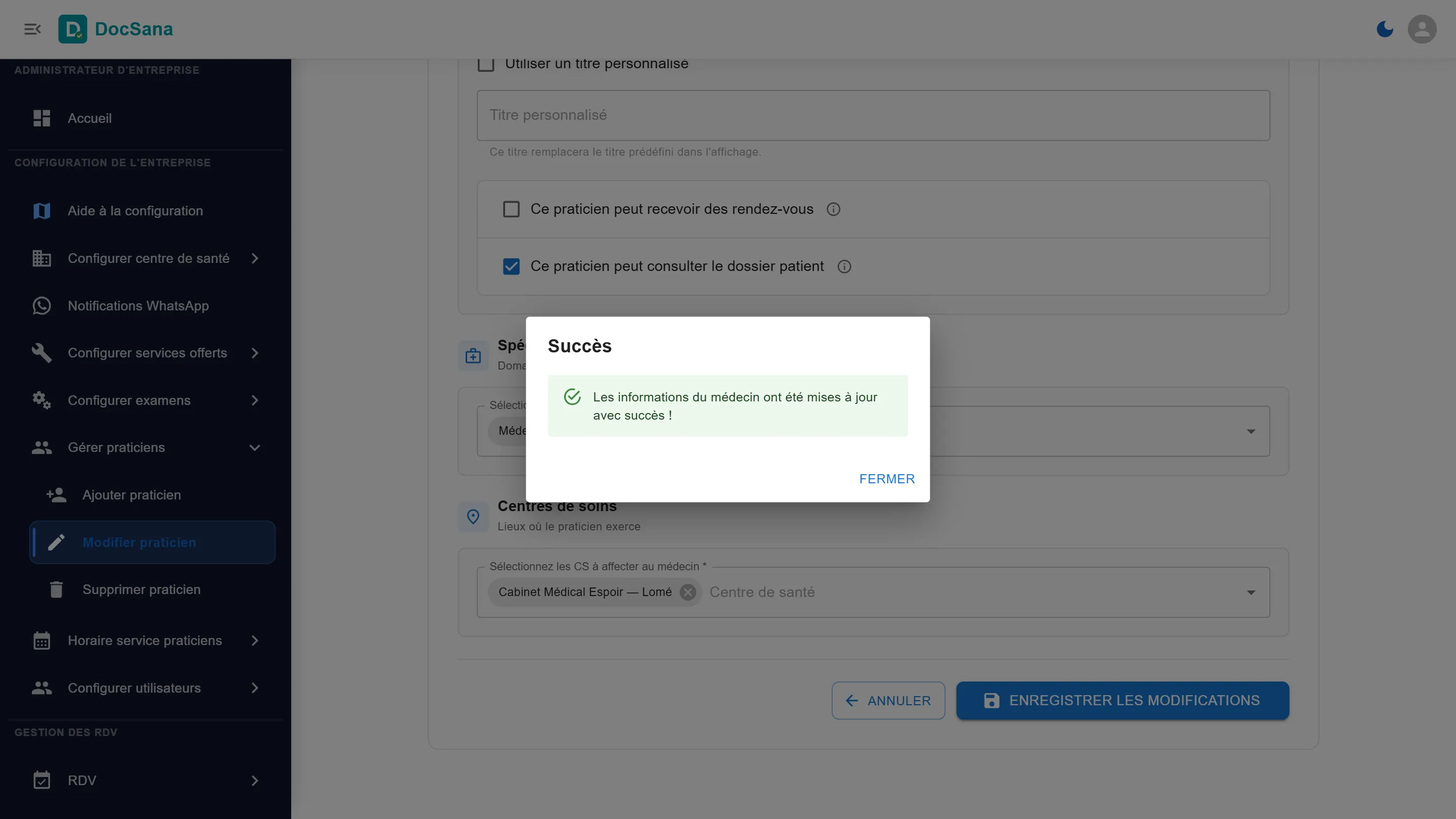 Message de succès : les informations du médecin ont été mises à jour