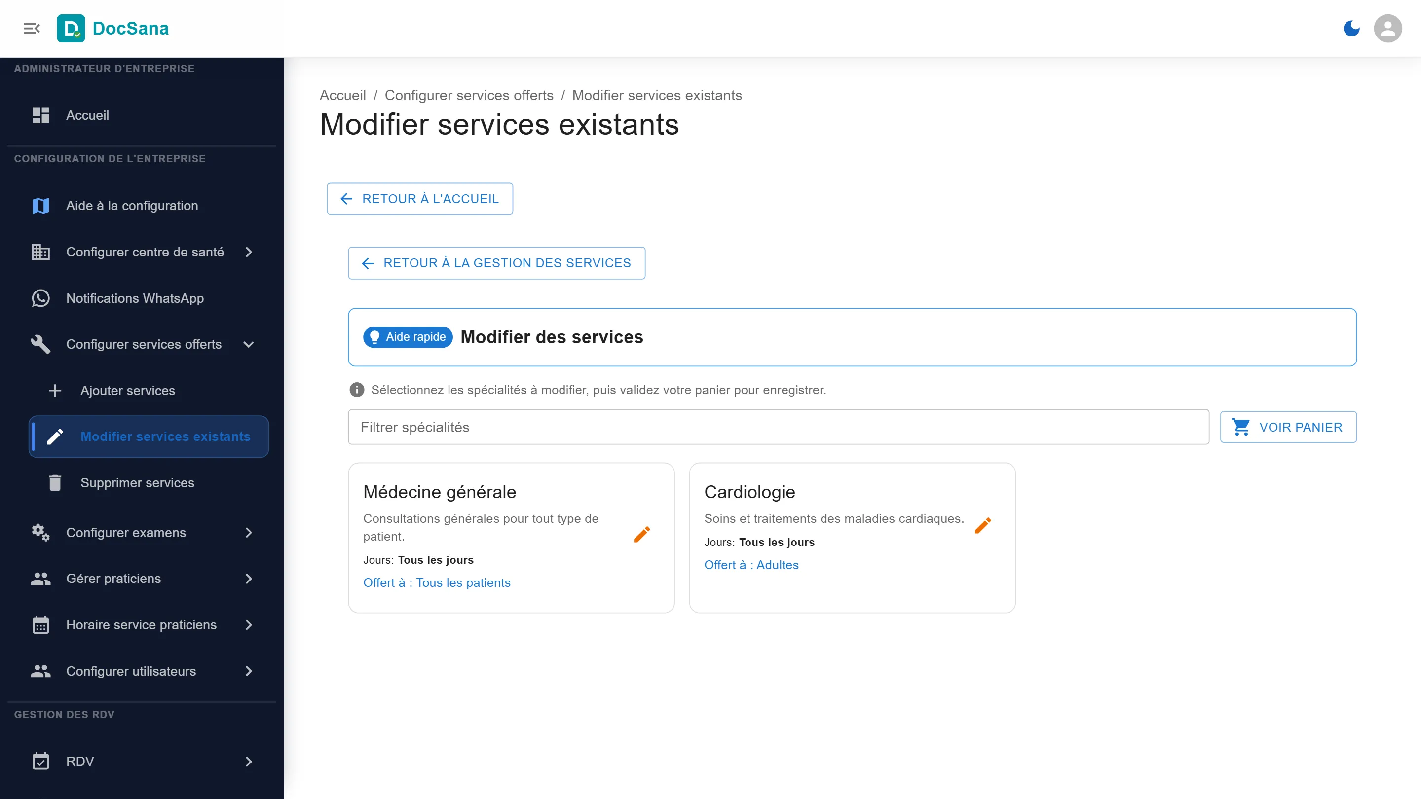 Page Modifier services existants : les cartes Médecine générale et Cardiologie, chacune avec son crayon