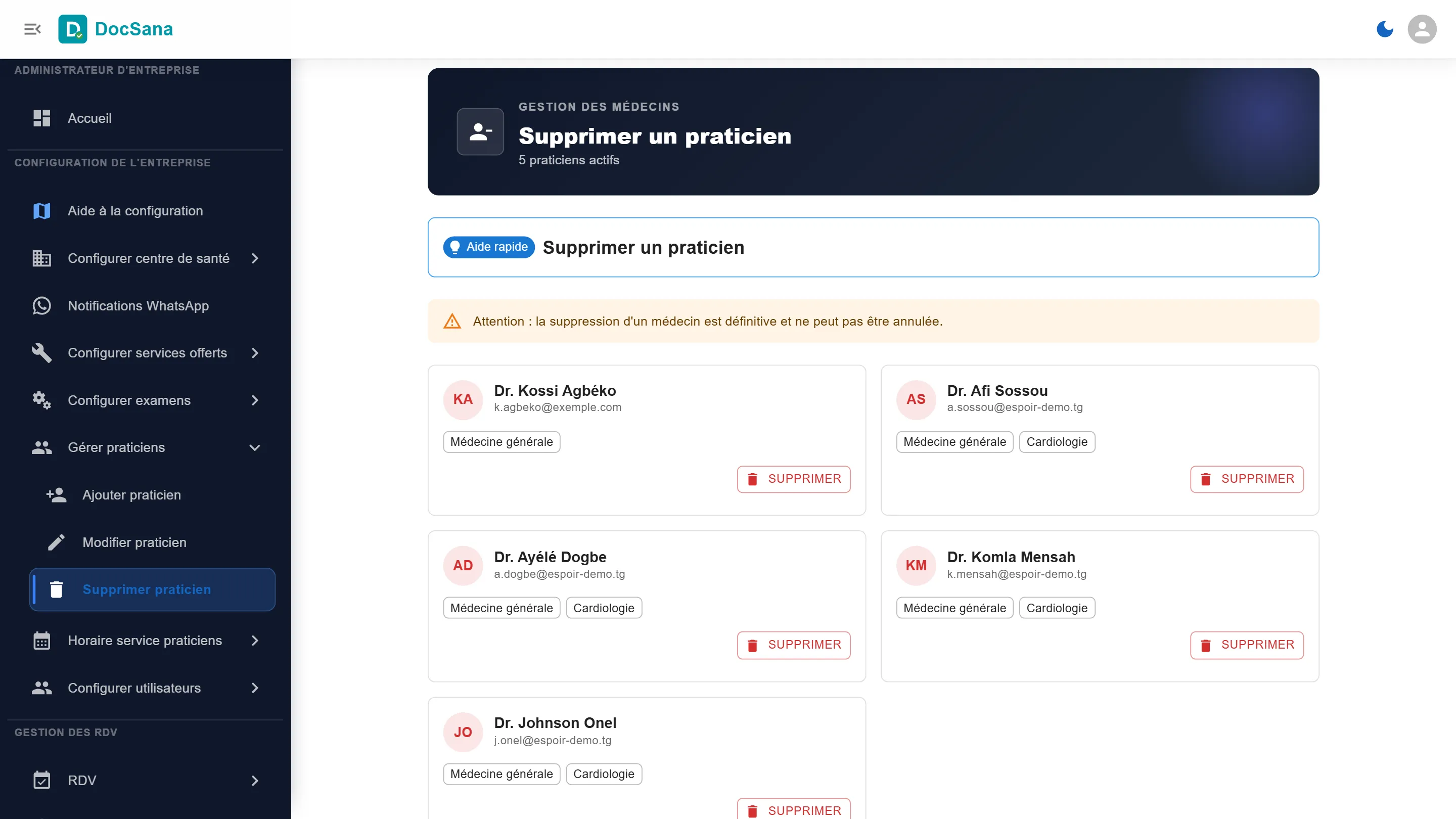 Page Supprimer un praticien : les fiches des praticiens, chacune avec son bouton Supprimer