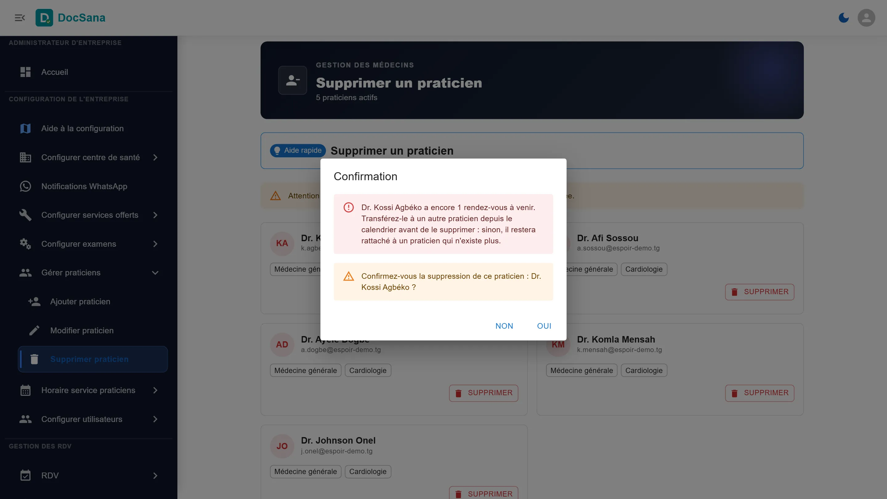 Confirmation : le Dr Kossi Agbéko a encore 1 rendez-vous à venir, transférez-le depuis le calendrier avant de le supprimer ; boutons Non et Oui
