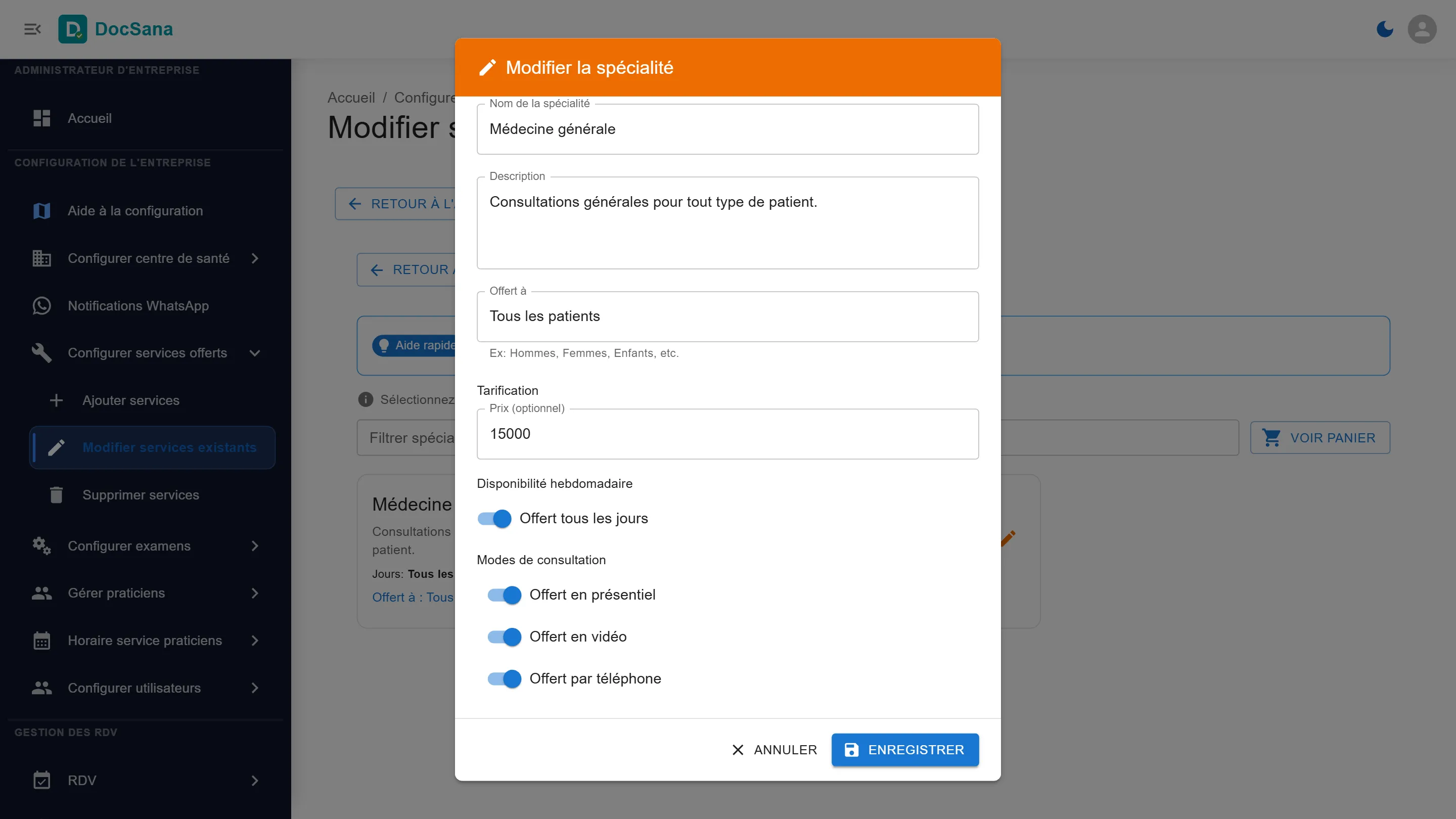 Fenêtre Modifier la spécialité : prix 15000, Offert en présentiel, en vidéo et par téléphone activés