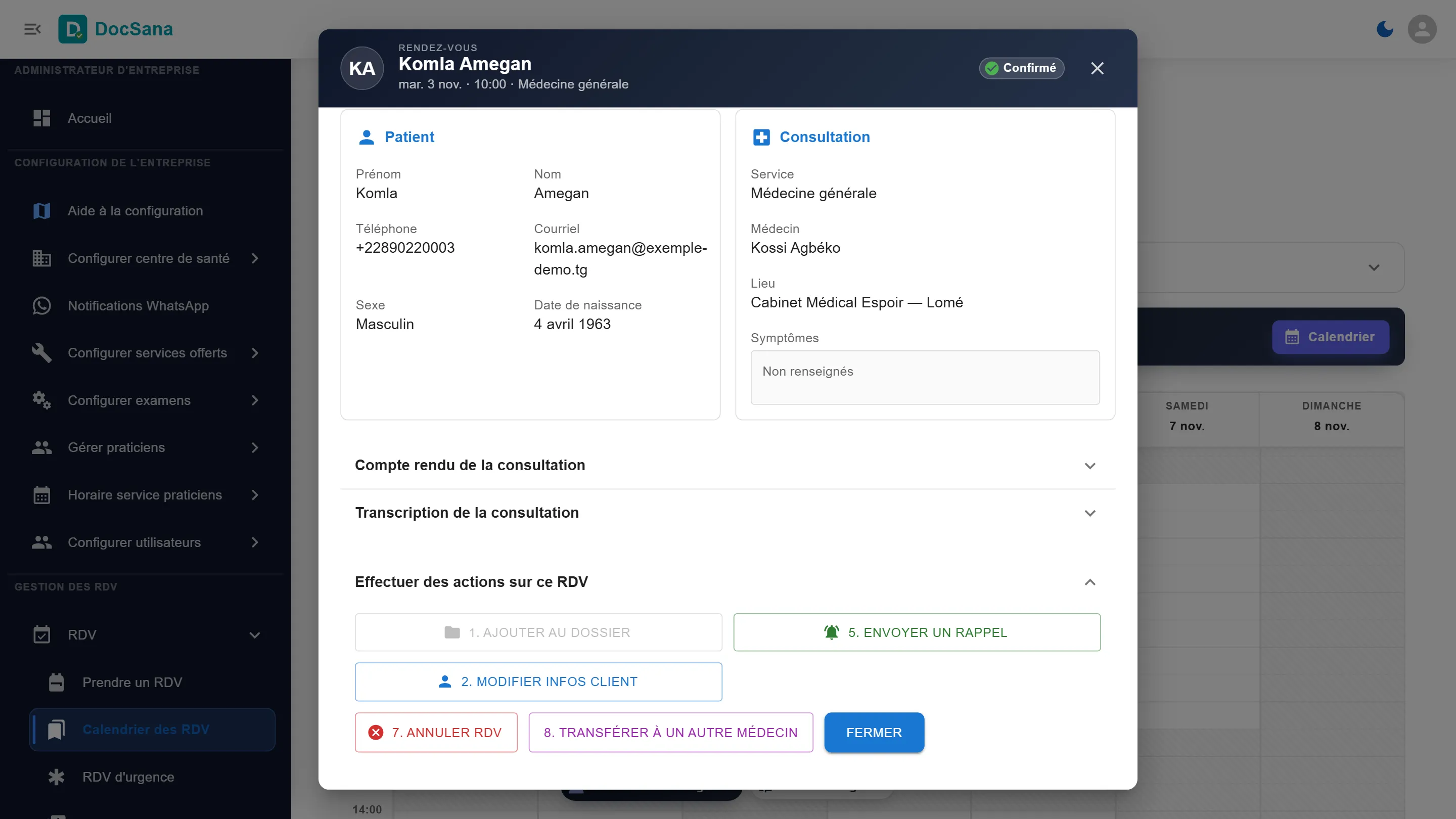 Détail du rendez-vous de Komla Amegan avec le Dr Kossi Agbéko, avec le bouton Transférer à un autre médecin
