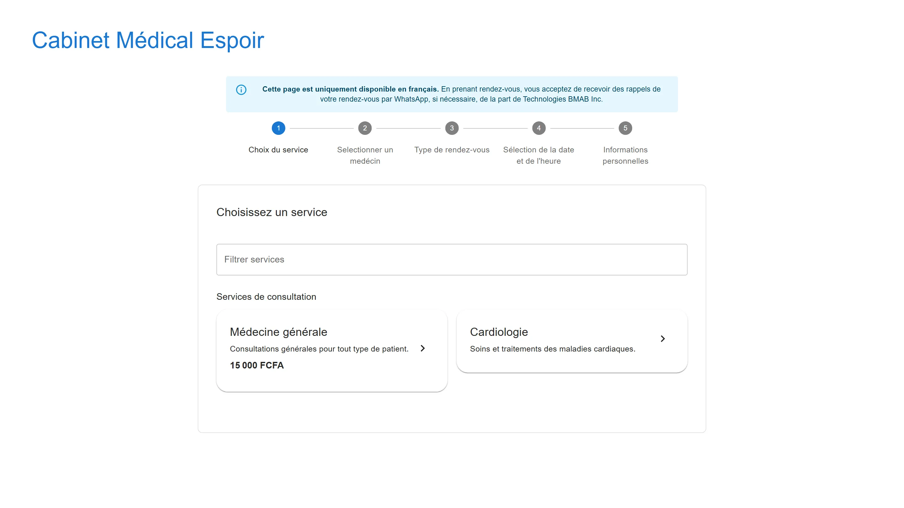 Prise de rendez-vous du patient : Médecine générale à 15 000 FCFA