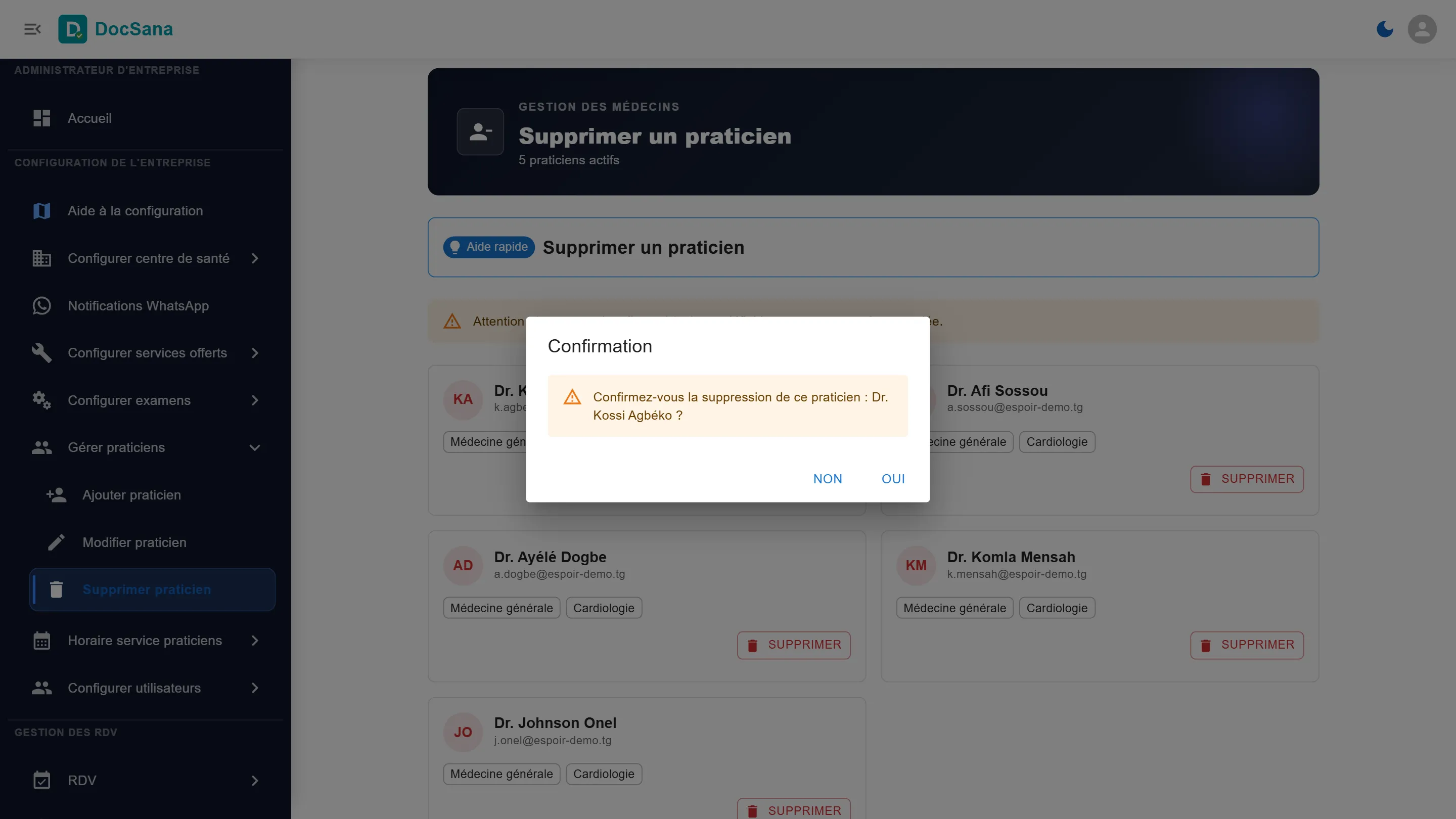 Confirmation : Confirmez-vous la suppression de ce praticien, Dr Kossi Agbéko ? avec Non et Oui