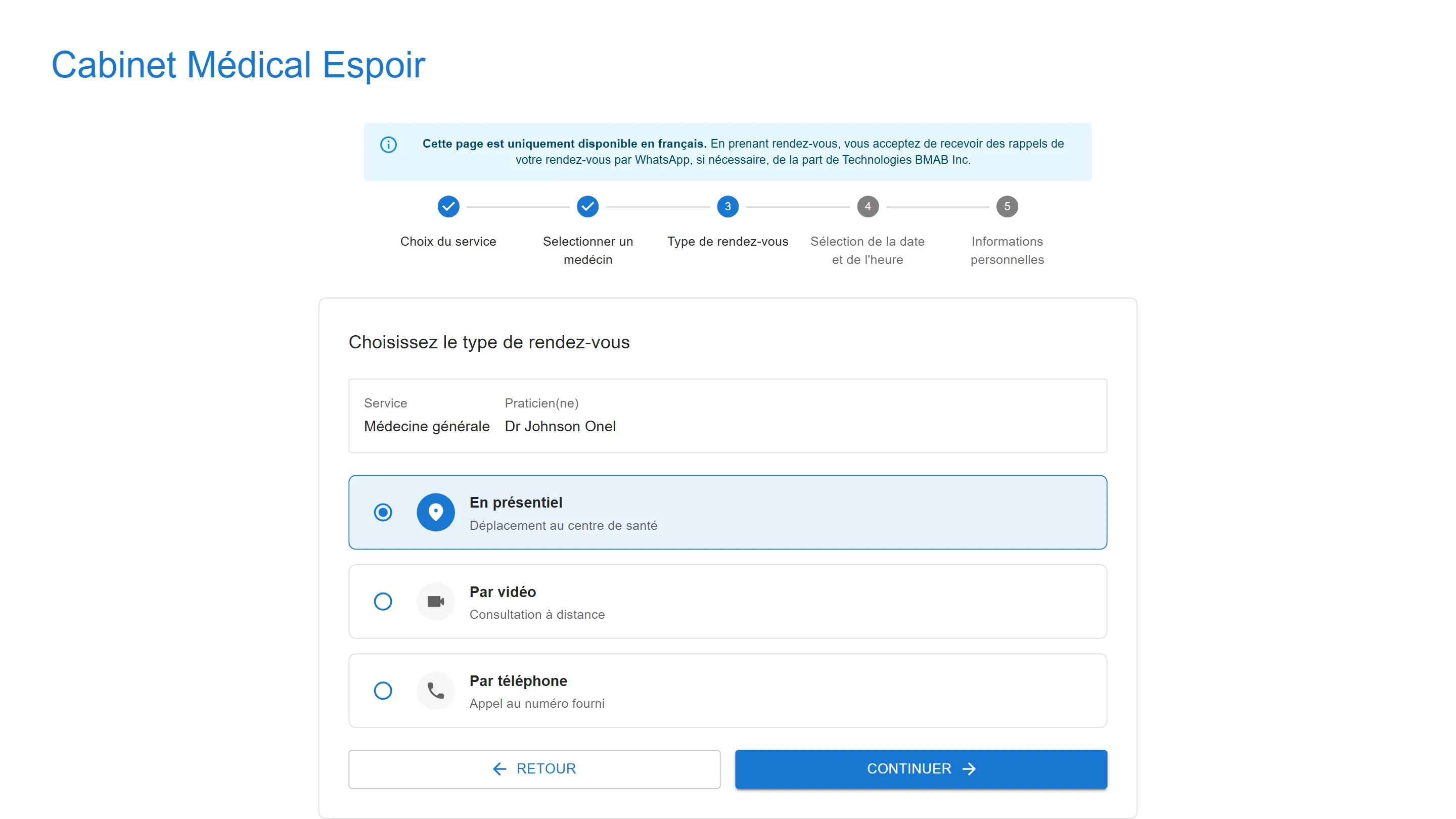 Prise de rendez-vous du patient : Choisissez le type de rendez-vous, En présentiel, Par vidéo ou Par téléphone