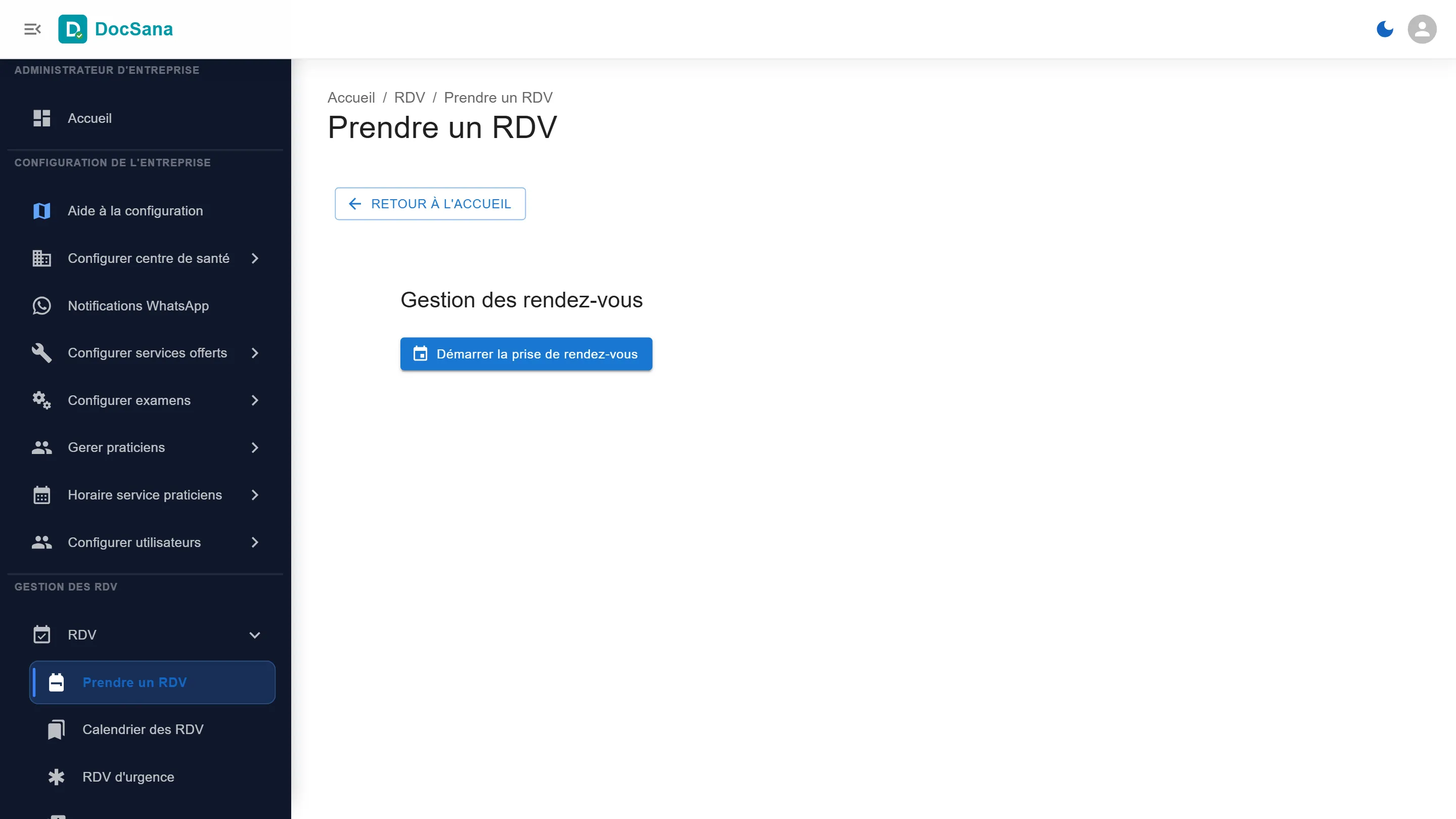 Page Prendre un RDV de DocSana, ouverte depuis le menu RDV, avec le bouton Démarrer la prise de rendez-vous