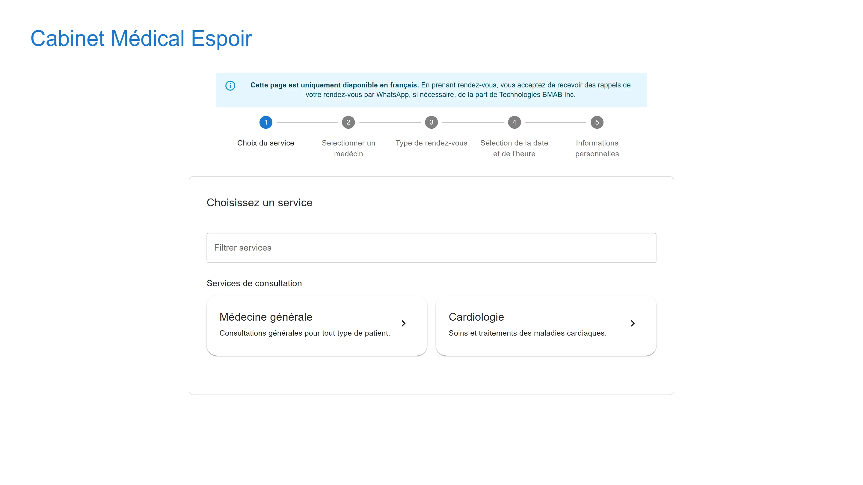 Prise de rendez-vous du Cabinet Médical Espoir, étape Choix du service : Médecine générale et Cardiologie