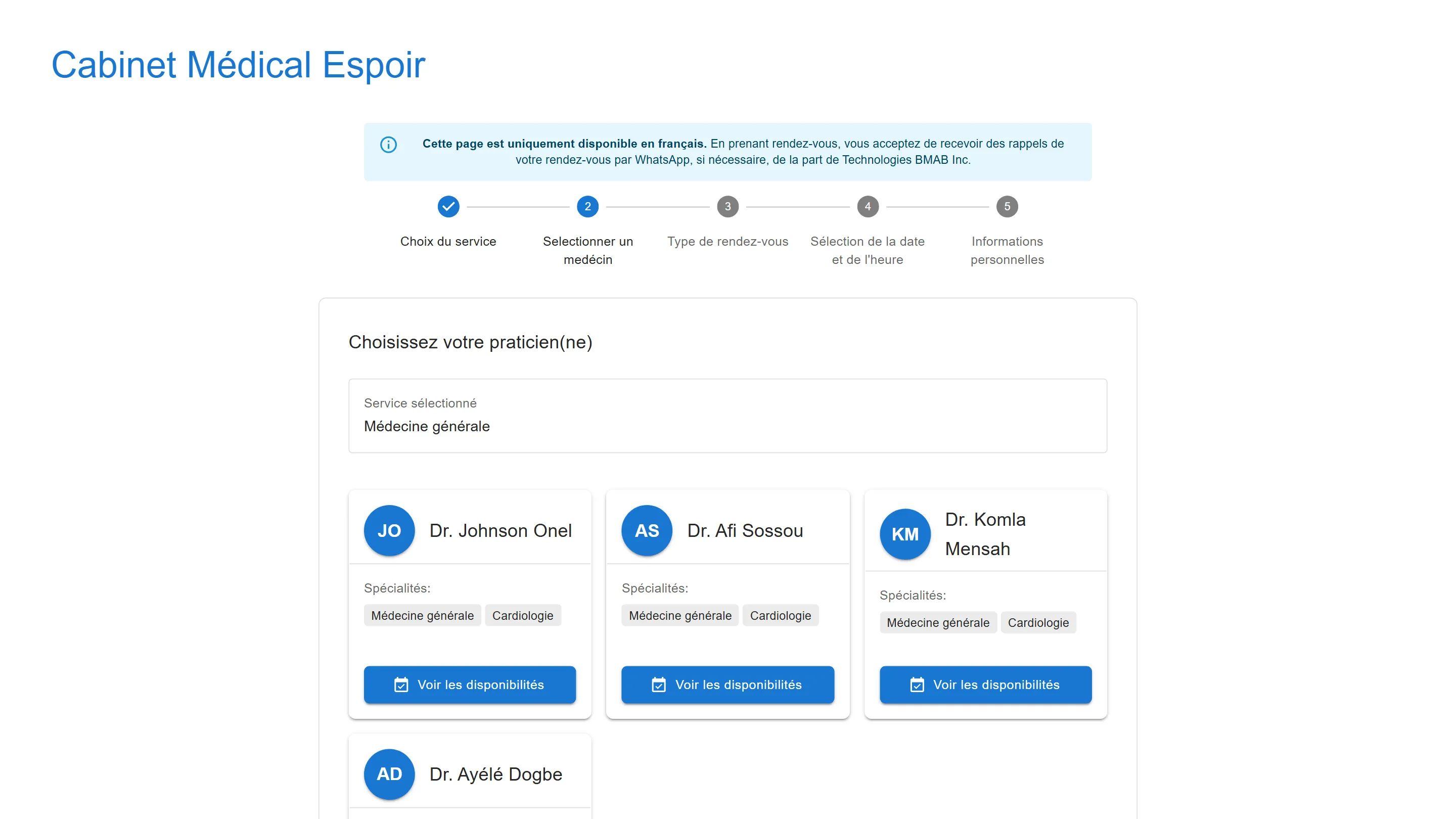 Étape Choisissez votre praticien(ne), pour la médecine générale : les fiches des médecins, avec leurs boutons Voir les disponibilités