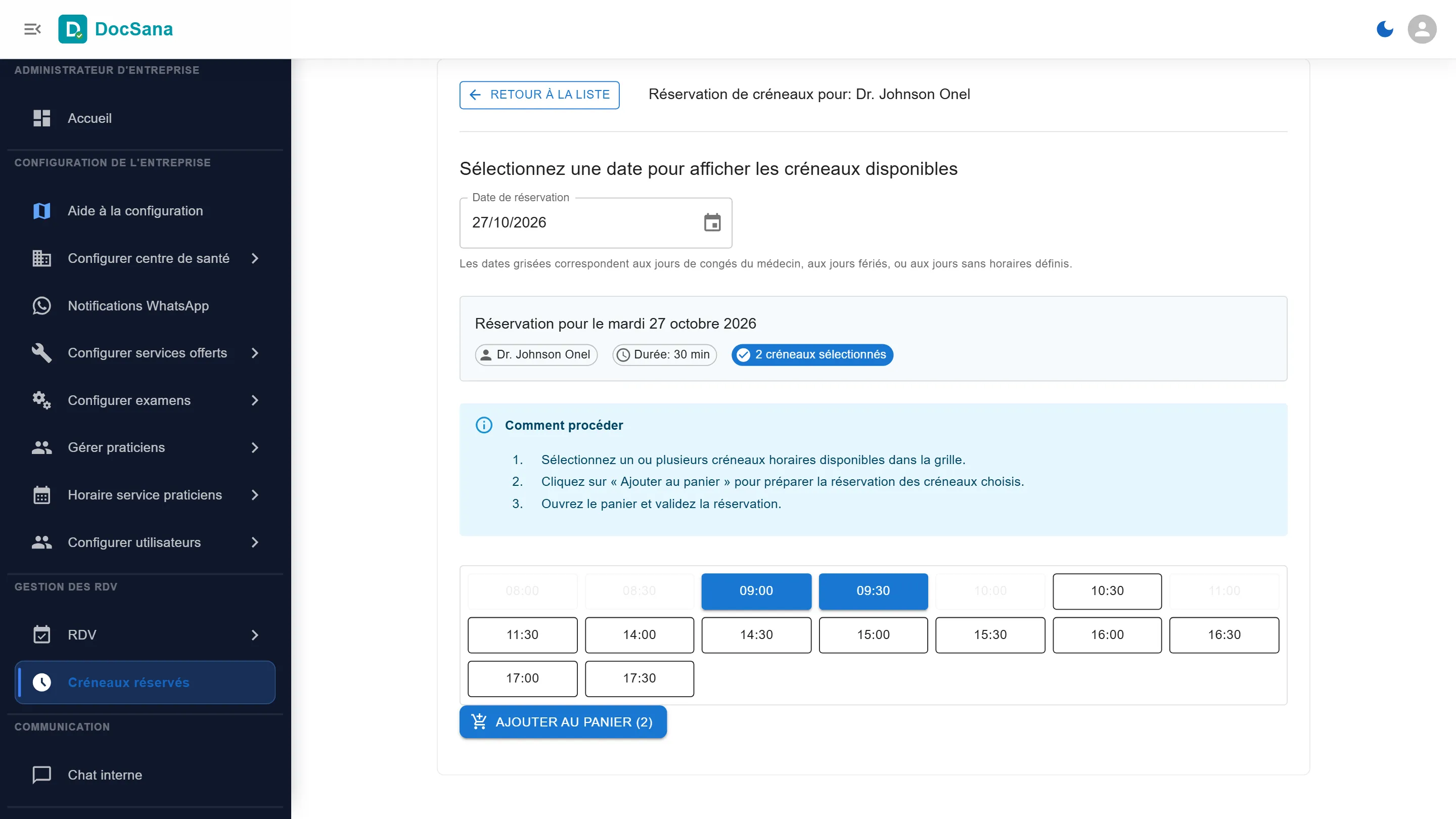 Réservation pour le Dr Johnson Onel le mardi 27 octobre 2026 : 9 h 00 et 9 h 30 sélectionnés, avec le bouton Ajouter au panier (2)