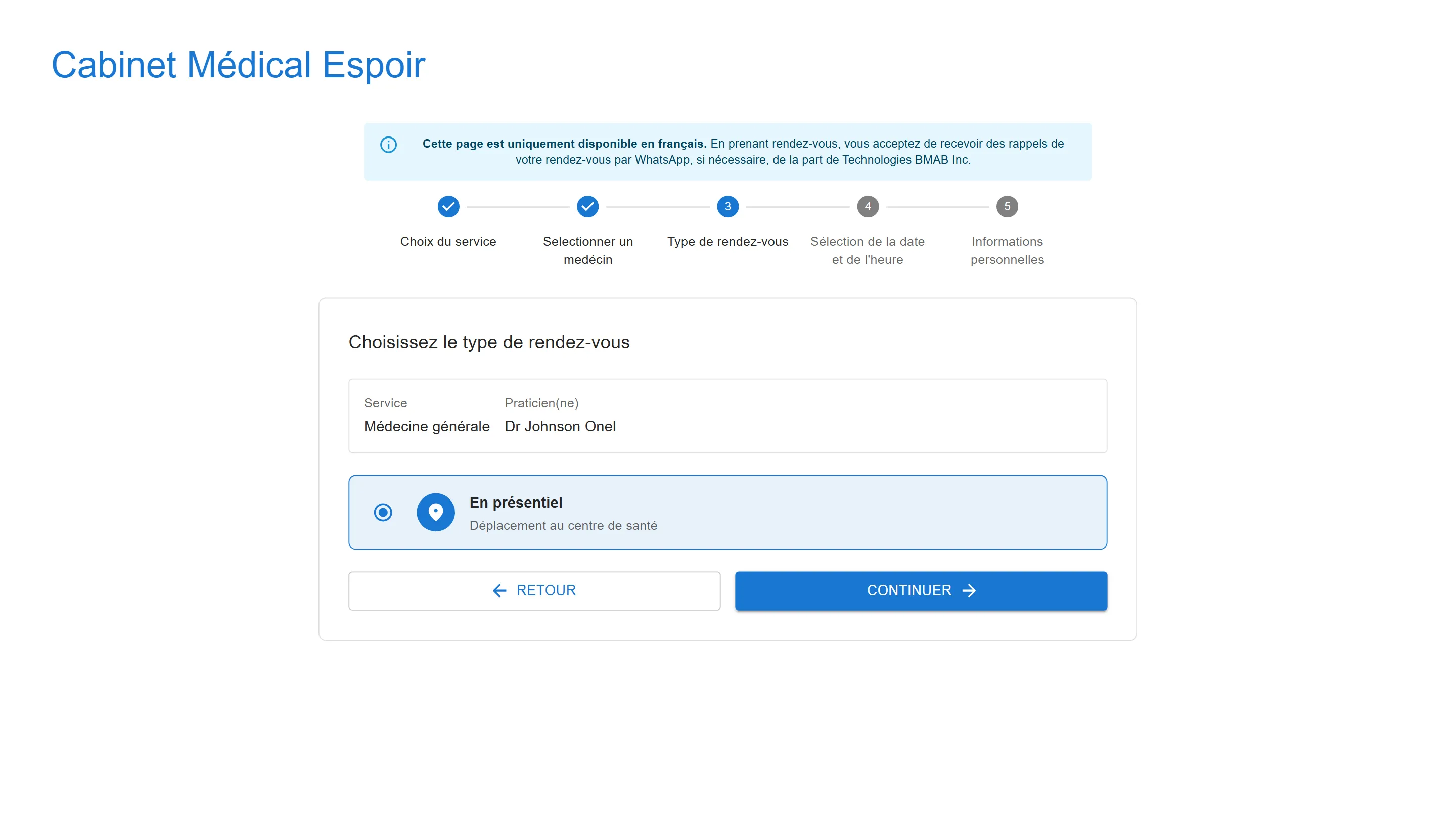 Étape Type de rendez-vous avec le Dr Johnson Onel : En présentiel, déplacement au centre de santé, sélectionné, puis le bouton Continuer