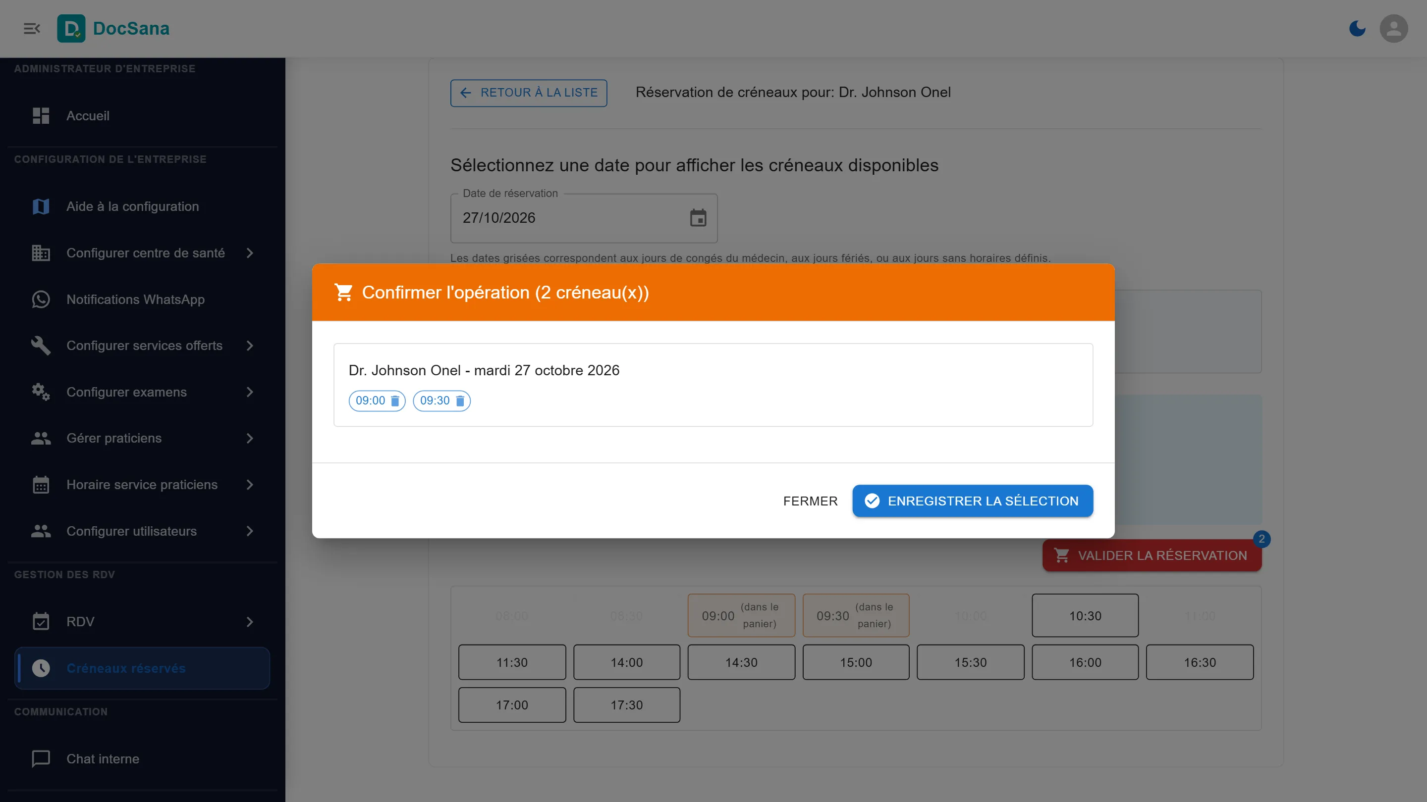 Fenêtre Confirmer l’opération (2 créneaux) : Dr Johnson Onel, mardi 27 octobre 2026, 9 h 00 et 9 h 30, avec le bouton Enregistrer la sélection