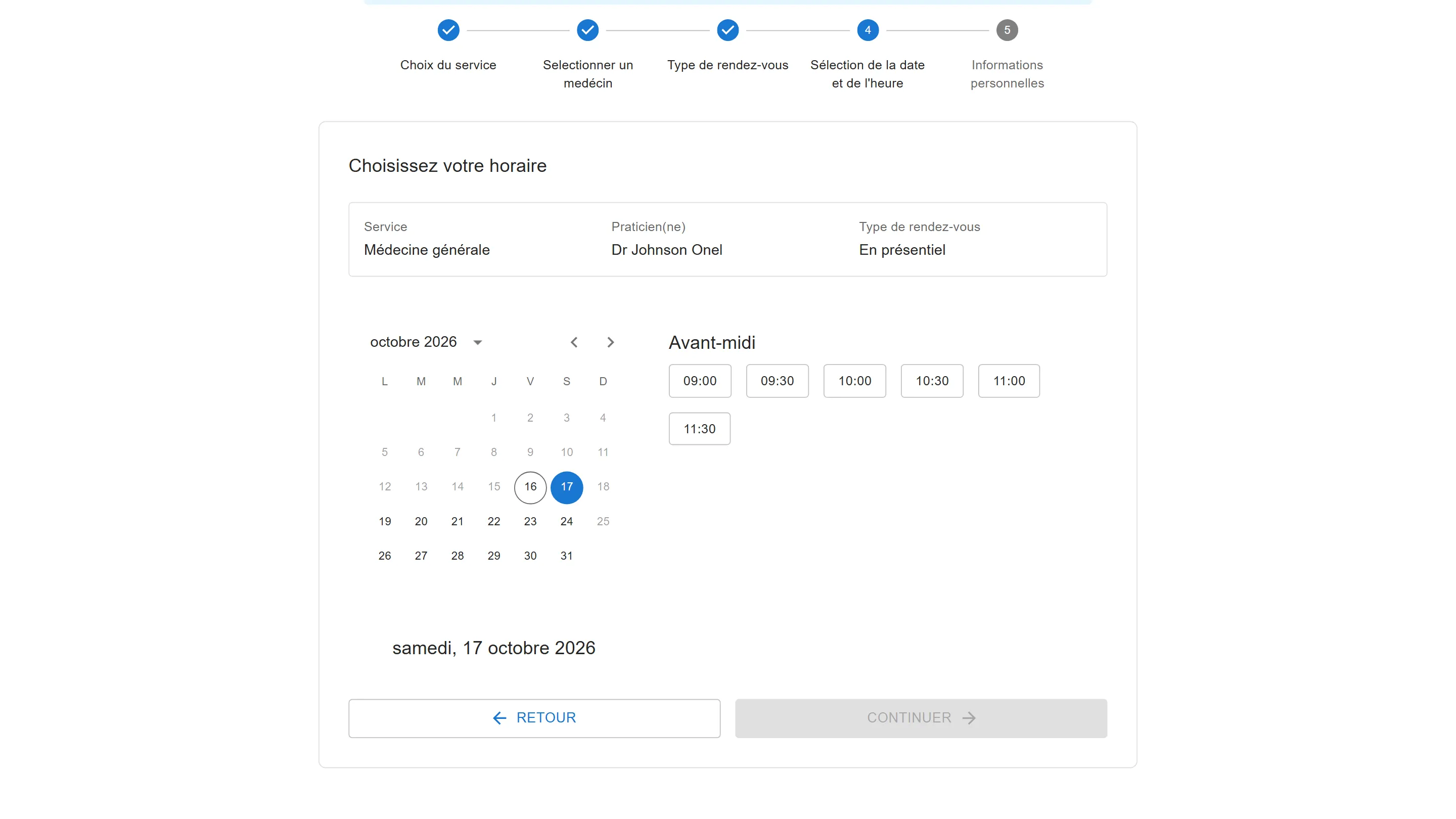 Étape Sélection de la date et de l’heure : le samedi 17 octobre 2026 choisi, et ses créneaux libres de l’avant-midi, de 9 h 00 à 11 h 30