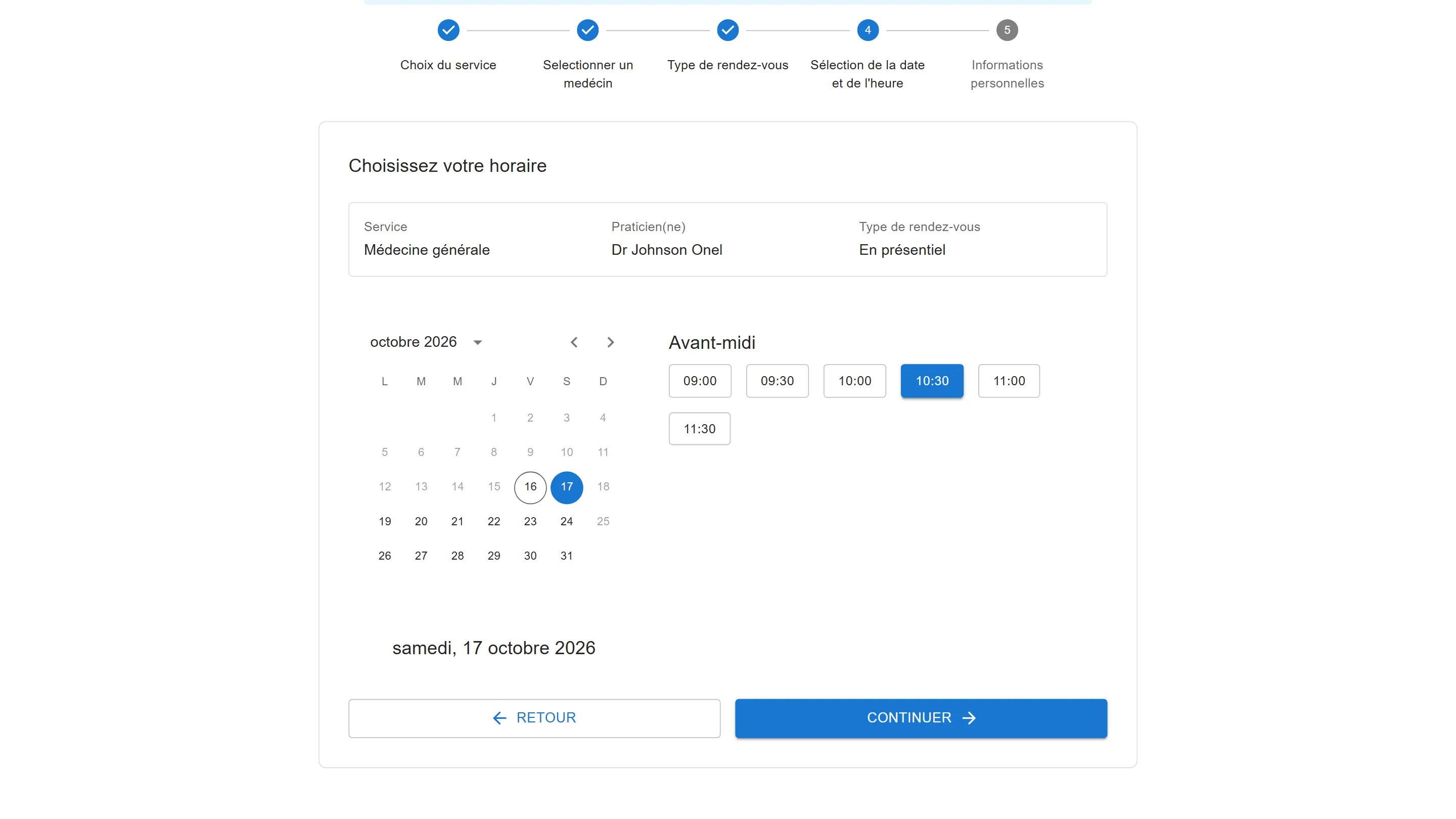 Le créneau de 10 h 30 sélectionné ; le bouton Continuer est actif