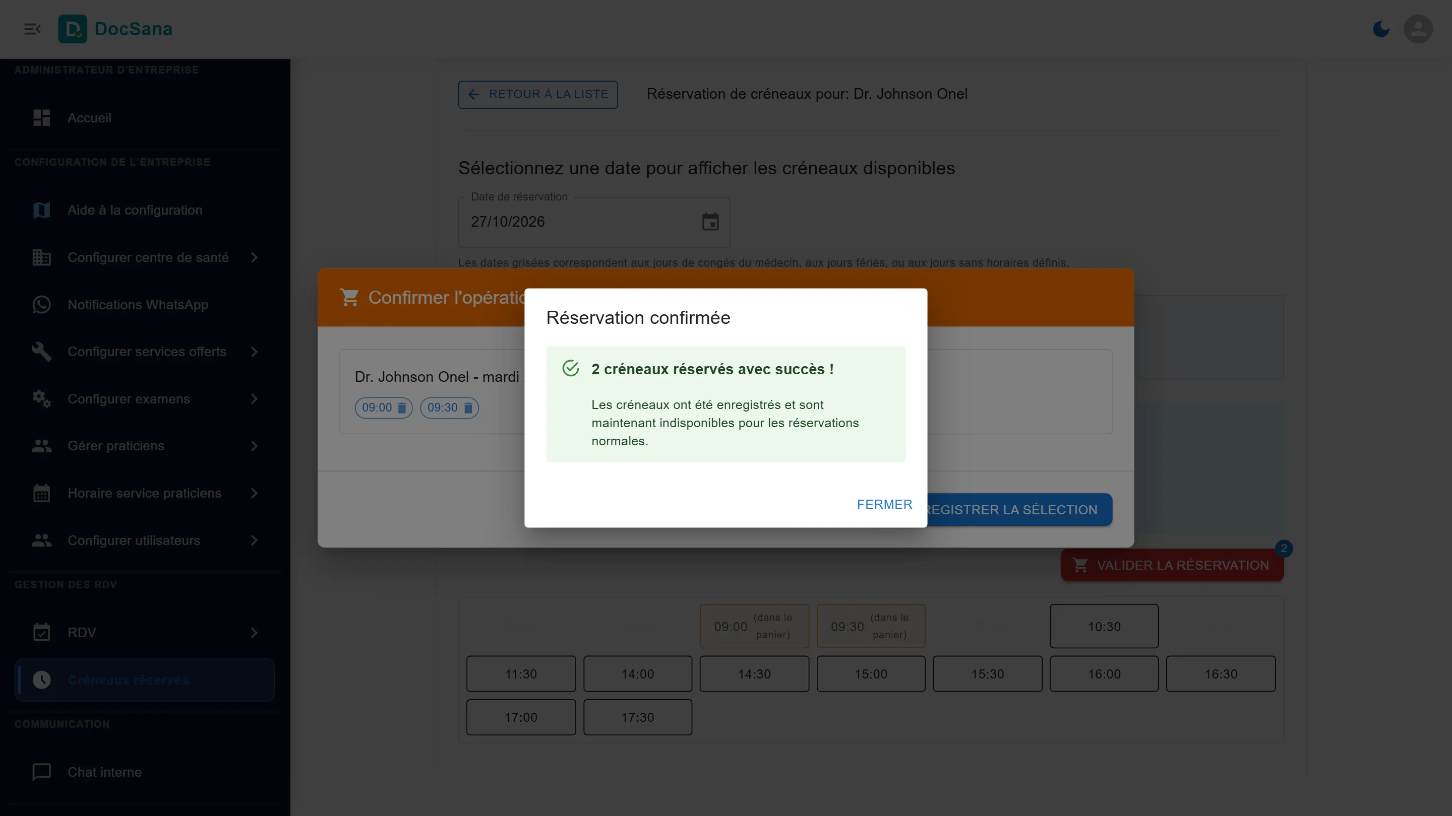 Réservation confirmée : 2 créneaux réservés avec succès, maintenant indisponibles pour les réservations normales