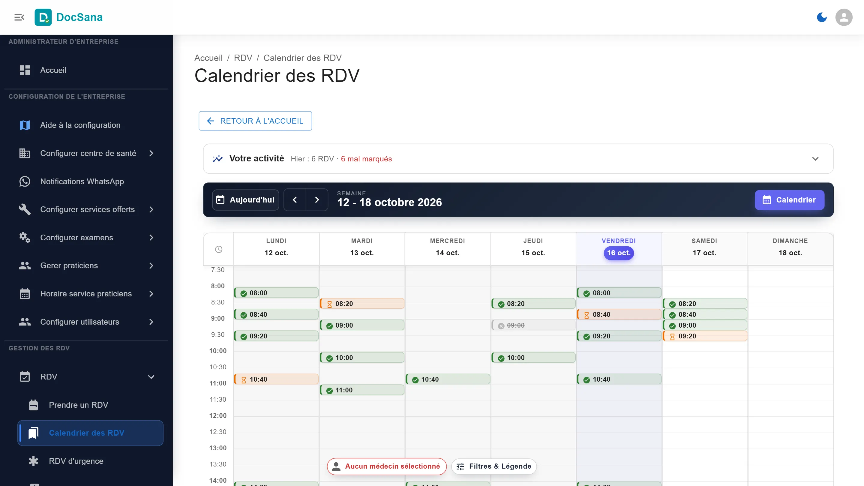Menu de DocSana : sous RDV, l’entrée Calendrier des RDV est sélectionnée ; la page Calendrier des RDV affiche la semaine du 12 au 18 octobre 2026